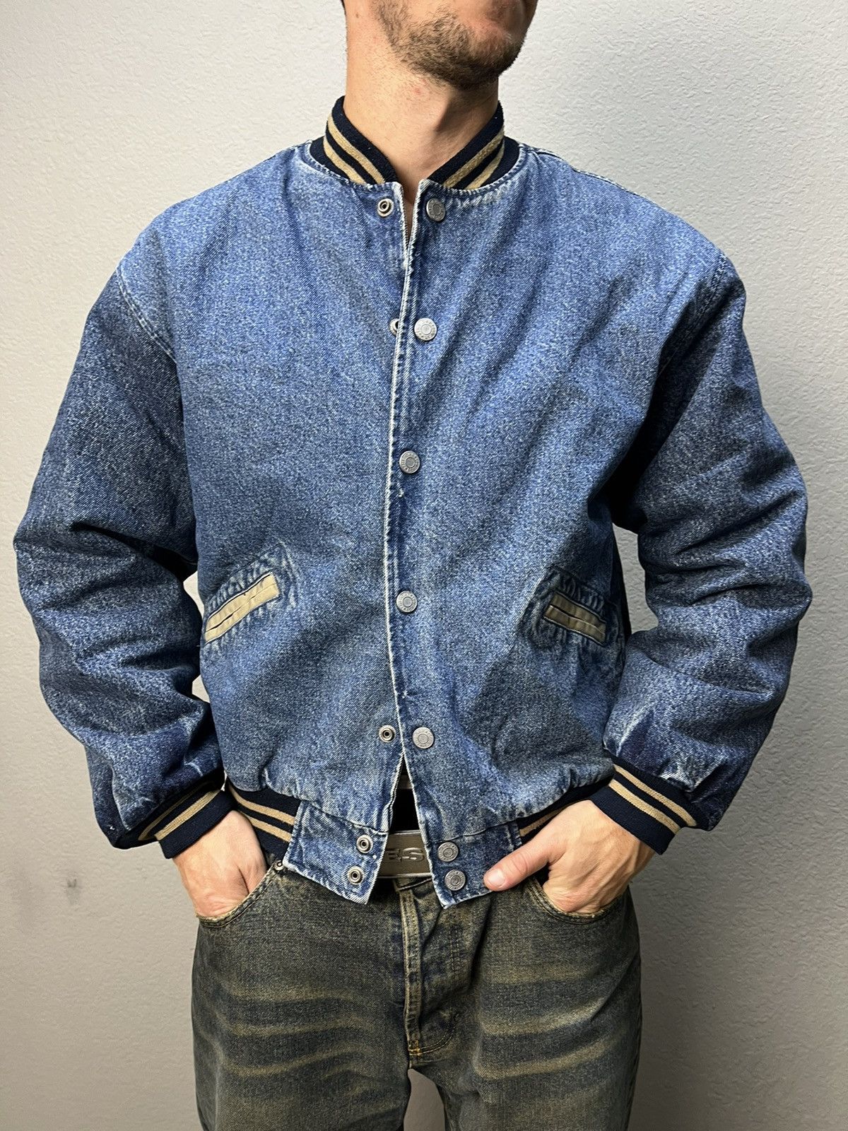 Outlet Vintage denim bomber letterman jacket