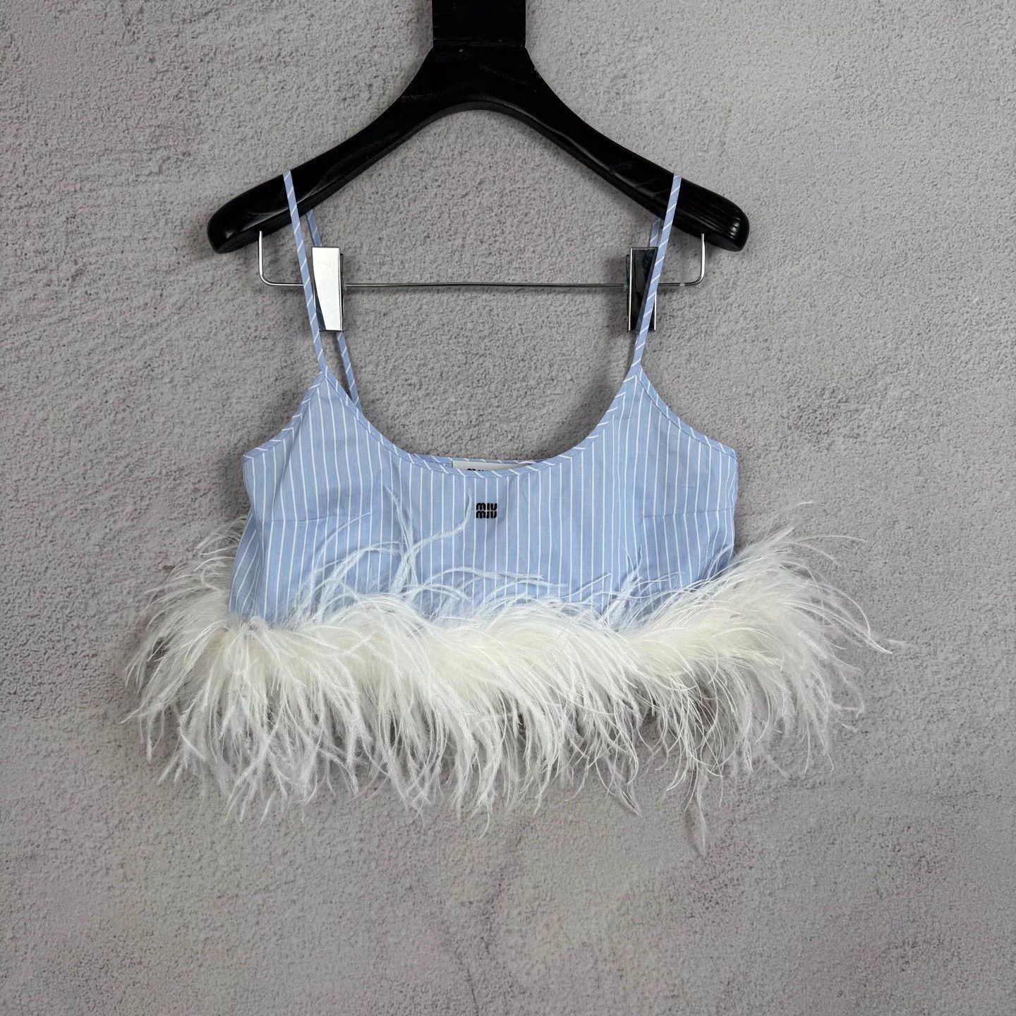 Miu Miu MIU MIU women's sky blue stripe ostrich feather cami Size XS / US 0-2 / IT 36-38 - 1 Thumbnail