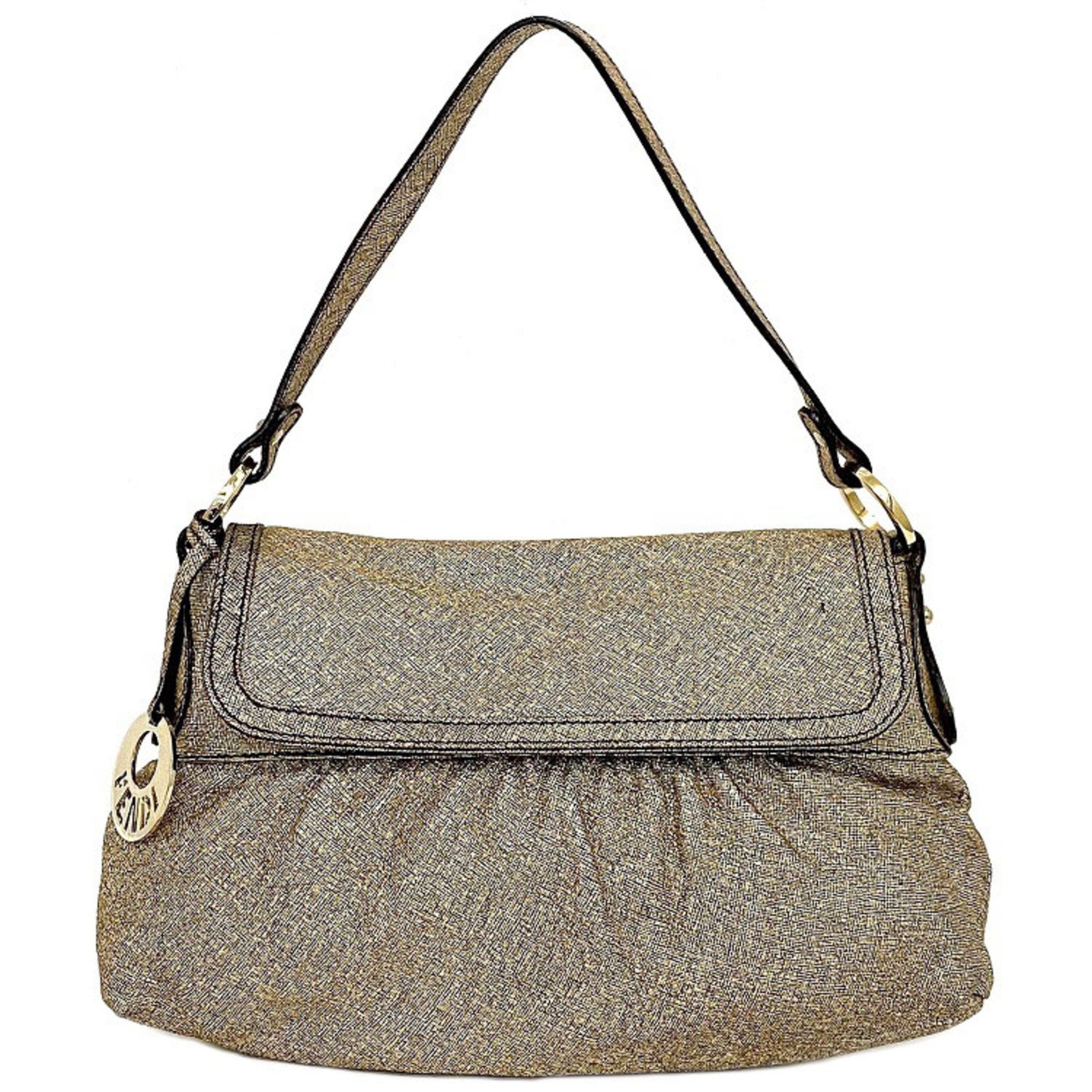 image of Fendi Handbag Gold Lame 8Bk042 Canvas Leather Fendi Semi-Shoulder Bag Flap One Shoulder Ladies in B