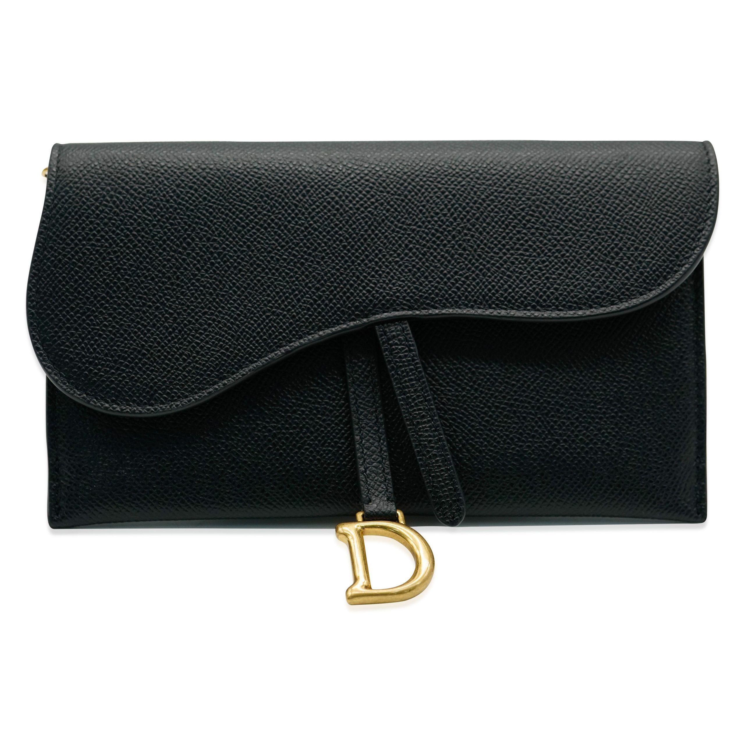 Christian Dior Black Grained Calfskin Saddle Long Chain Wallet