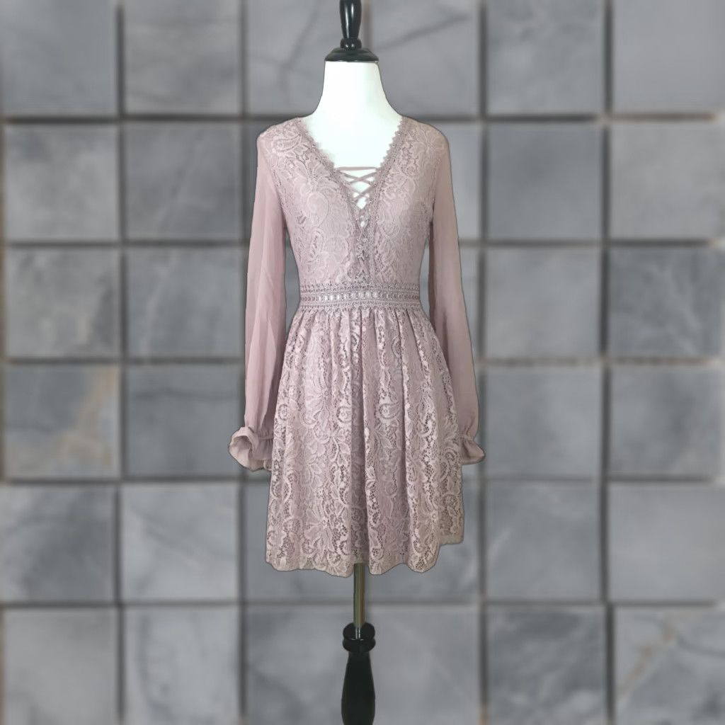 NWT Topshop Lace Detail Mini Dress Womens 2 Lace Up V-Neck Long Sleeve Pink  88%