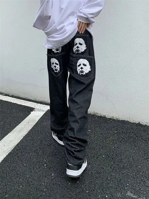 image of Faces Graphic Black Streetwear Denim Jeans, Men's (Size 32)