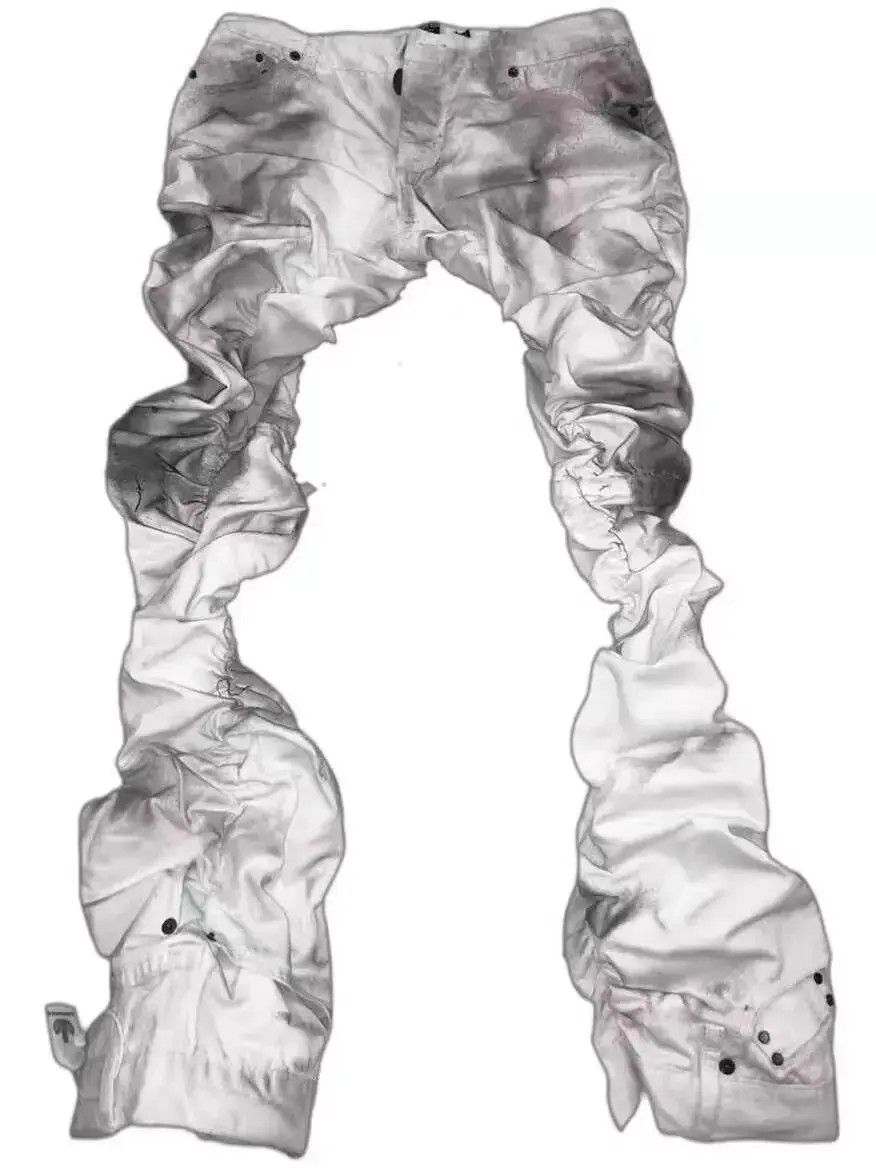 Japanese Brand White Irregular Frayed Stacked Hip Hop Street Jeans Size US 32 / EU 48 - 1 Thumbnail