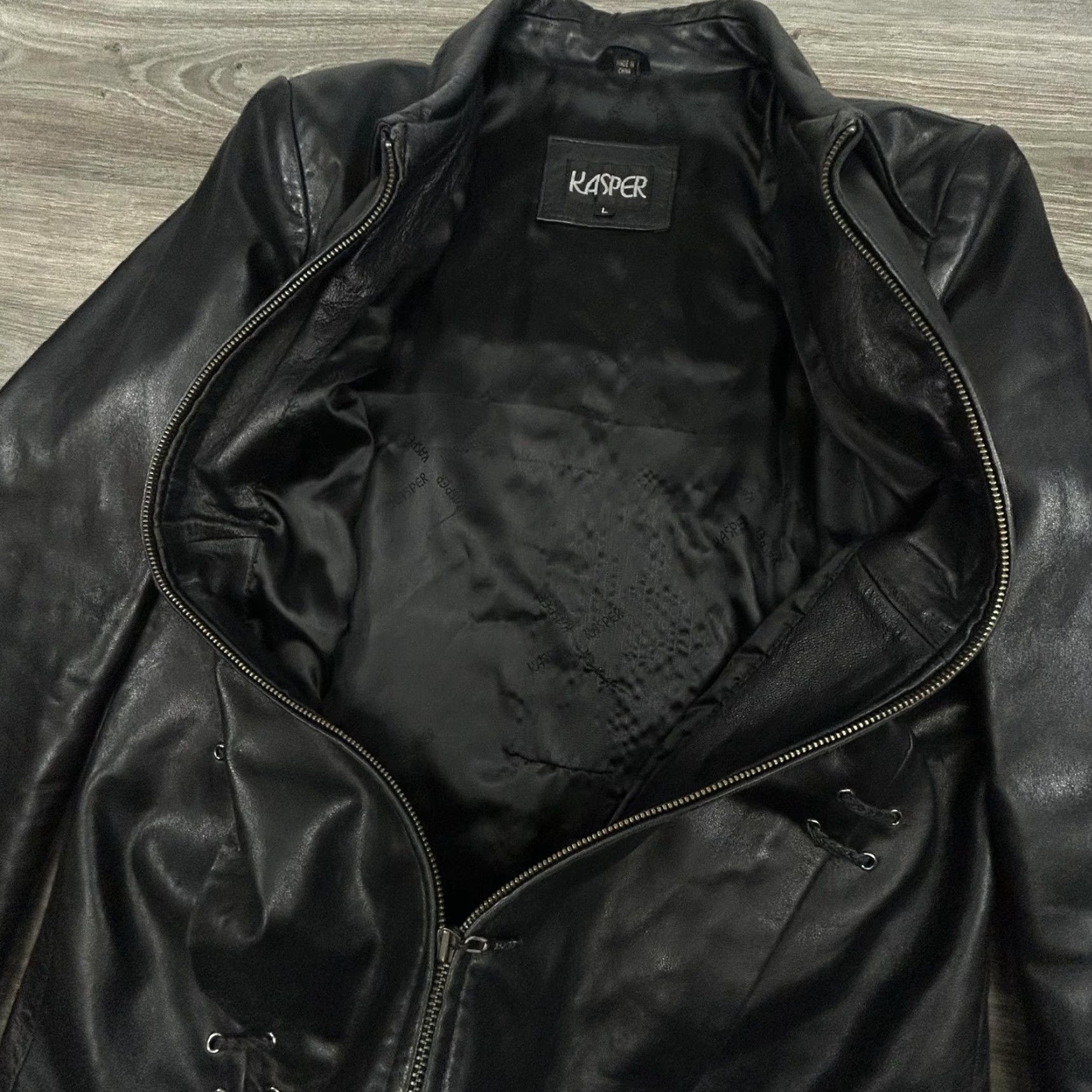 Kasper VINTAGE Kasper Leather Jacket Womens Large Black Lace Up Detail Moto Satin Lined Size L / US 10 / IT 46 - 6 Thumbnail