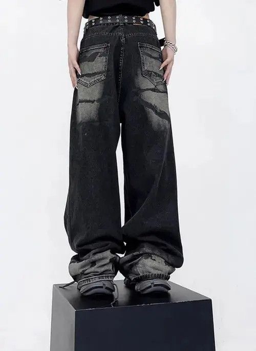 Jean Vintage Unisex Black Tie Dye Graffiti Pattern Jean Size US 30 / EU 46 - 3 Thumbnail