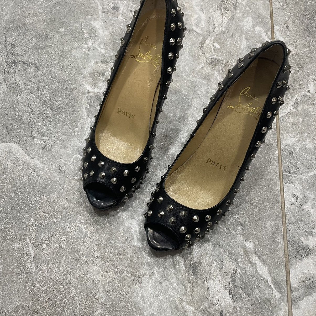Christian Louboutin × If Six Was Nine Christian Louboutin Spike Heels Bianca Black Leather Platfor Size US 7 / IT 37 - 6 Thumbnail