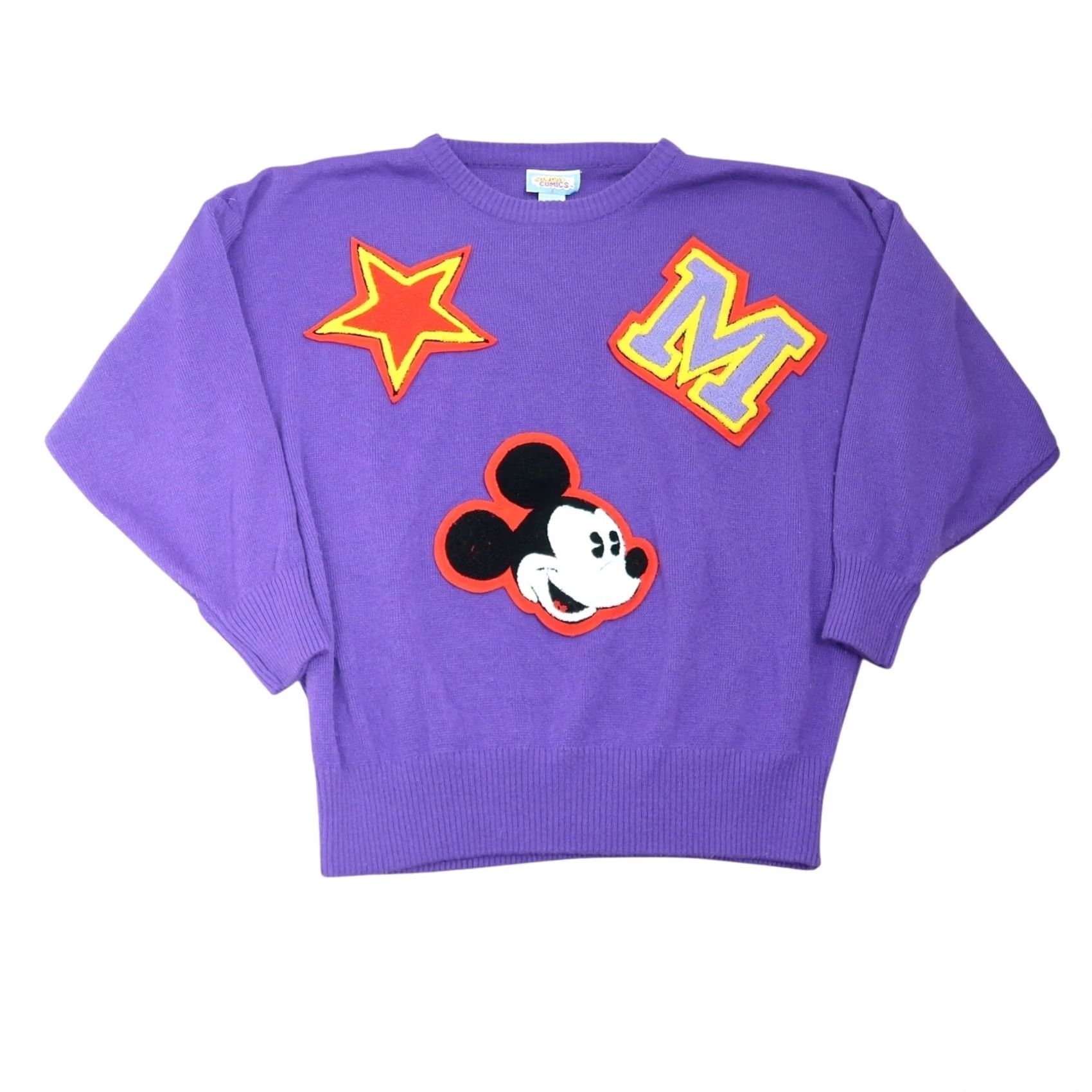 Disney VINTAGE 80s Sunday Comics purple Mickey Mouse patch sweater L Women Crew Neck Long Sleeve Knit Acrylic Disney Satin? Size L / US 10 / IT 46 - 5 Thumbnail