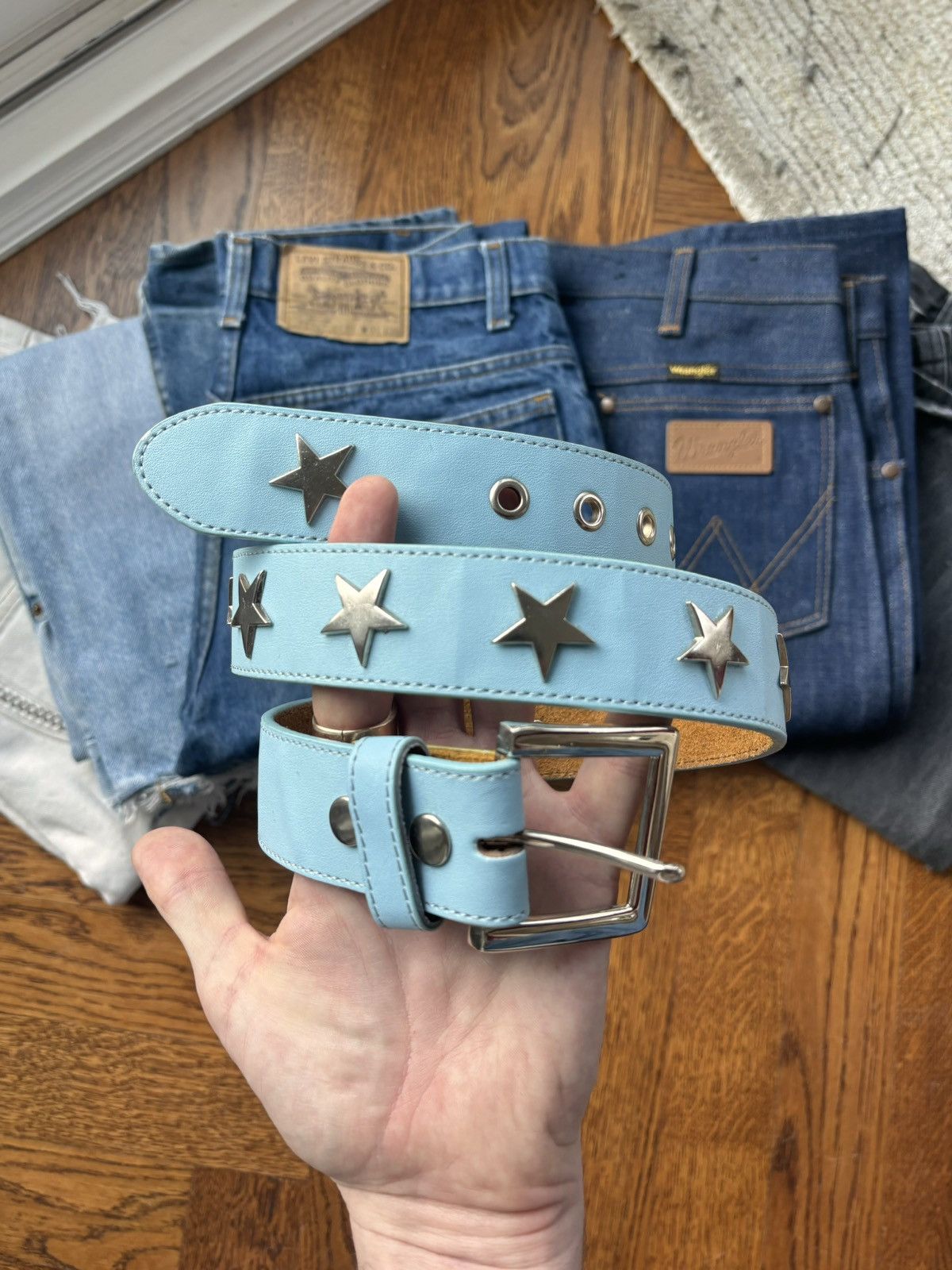 Genuine Leather × Vintage 2000s Vintage Star Studded Belt Y2K Blue Leather Metal Punk Size ONE SIZE - 8 Thumbnail