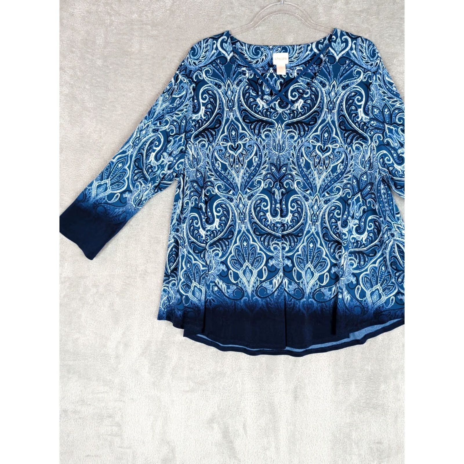 Vintage Chico's Tunic Top Blue Paisley Pullover 3/4 sleeve Size 3=XL Stretchy Women Size XXL / US 16-18 / IT 52-54 - 2 Thumbnail