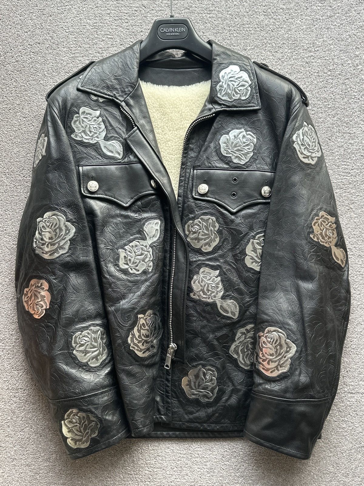 image of Calvin Klein 205W39Nyc x Raf Simons 205W39Nyc Fw2017 Floral Embossed Calf Leather Jacket in Black (