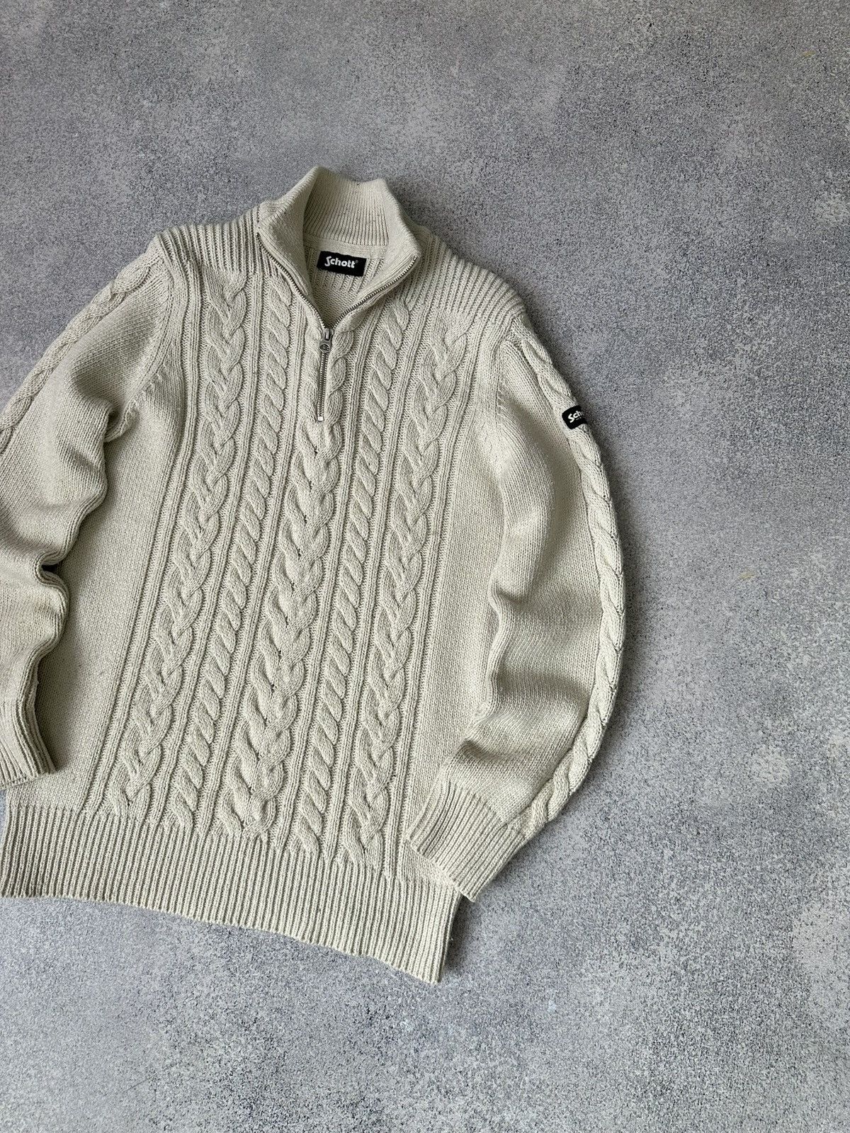 Schott × Vintage Vintage Schott Beige 1/4 Zip Knitted Sweater Size US L / EU 52-54 / 3 - 2 Thumbnail