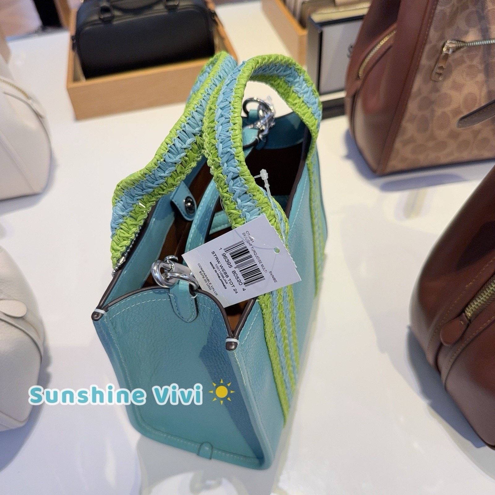 Coach NWT Coach Smith Tote Bag 24 CBG91 Straw Leather Turquoise Size ONE SIZE - 3 Thumbnail