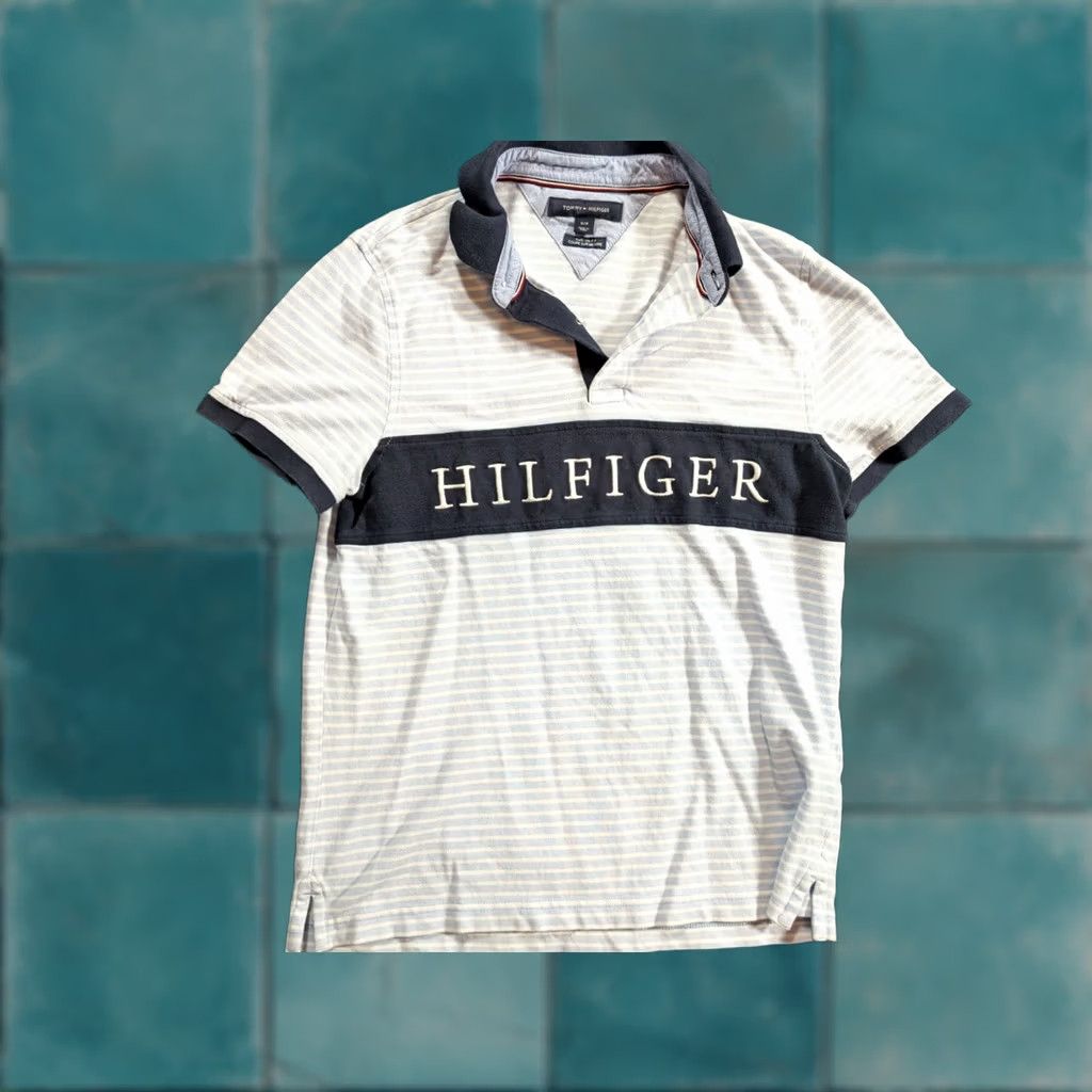 Tommy Hilfiger Tommy Hilfiger Polo Shirt Men's Small Striped Logo Knit 100% Cotton White Blue Logo Polo Mens S Size US S / EU 44-46 / 1 - 1 Thumbnail