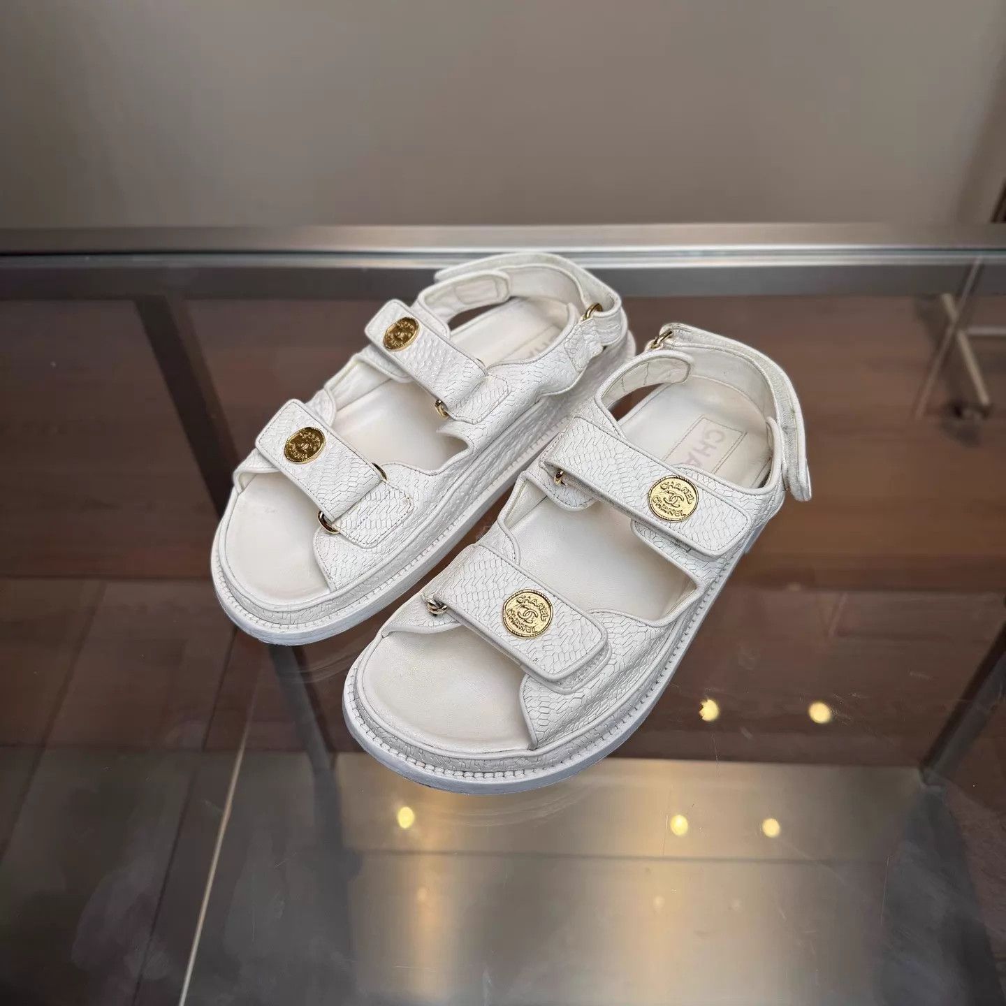 Chanel Chanel White Coin Velcro Sandals EUR 37 98 Size US 6.5 / IT 36.5 - 1 Thumbnail