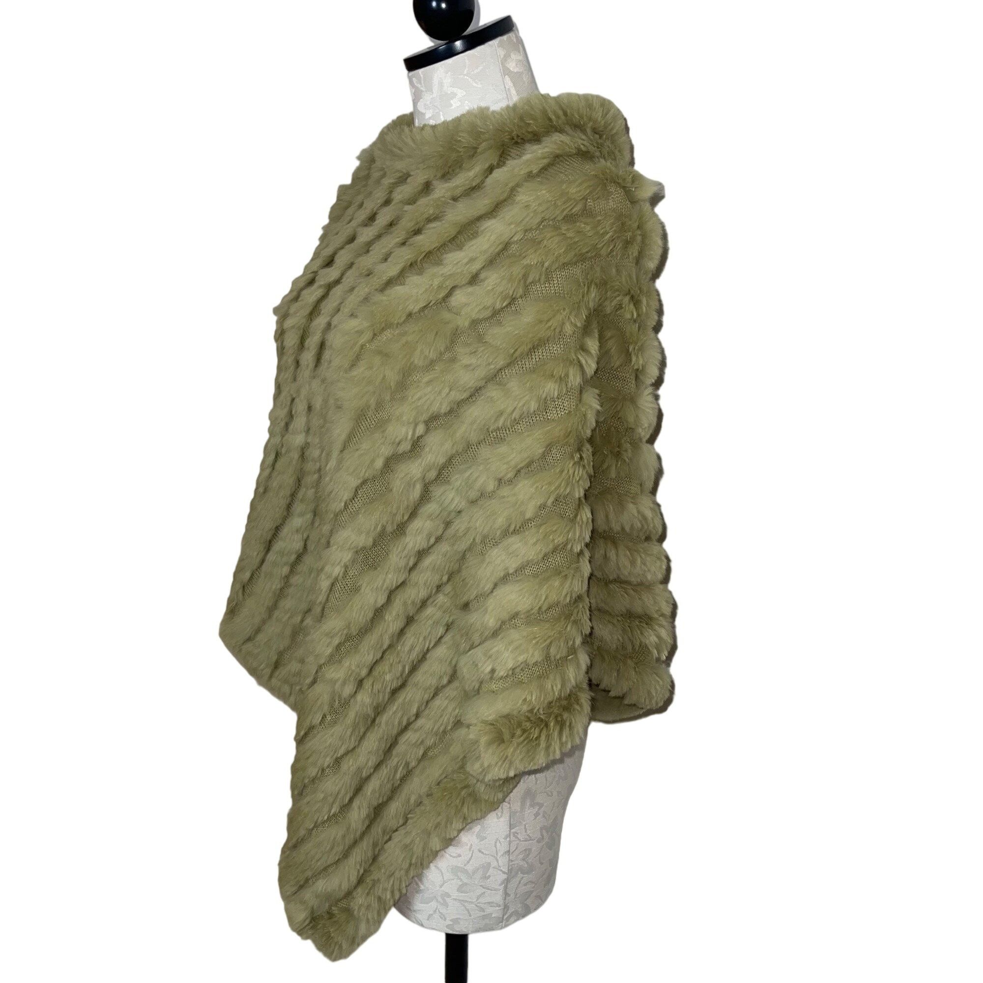 Black Rivet Rabbit Fur Knit Poncho One Size Sage Green