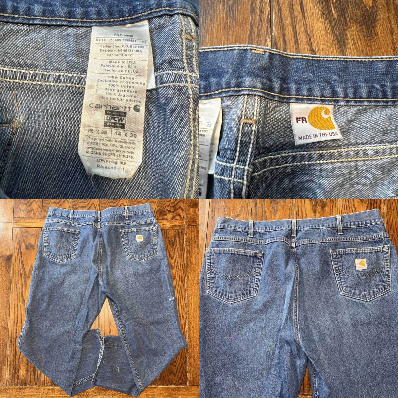 Carhartt VINTAGE Carhartt Jeans Mens 44x30 FR Flame Resistant Distressed Paint USA 90s Grunge Denim Blue 5-Pocket Relaxed Straight Jeans Mens Size US 44 / EU 60 - 8 Thumbnail