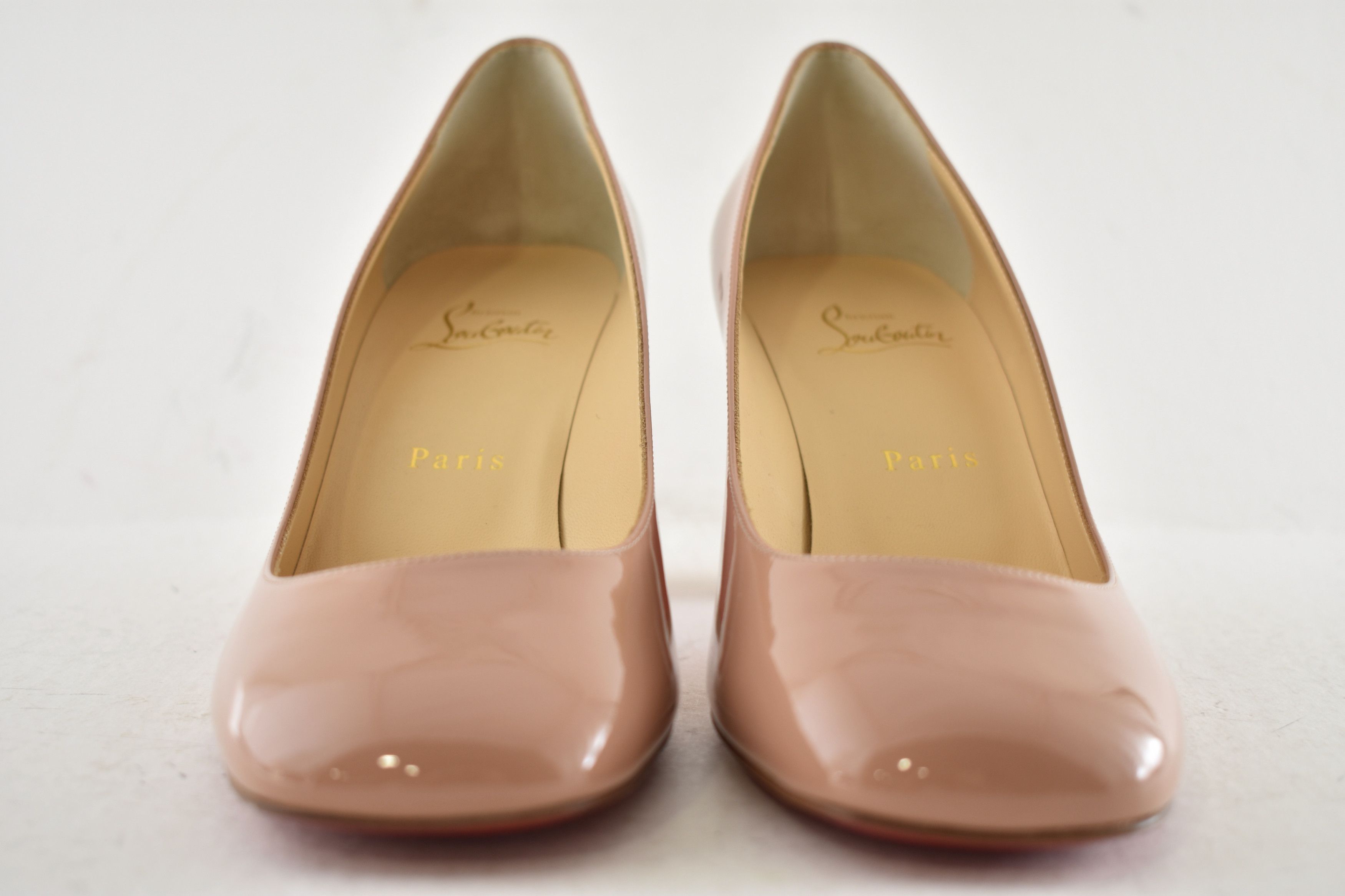 Christian Louboutin Cadrilla 70 Nude Blush Patent Leather Block Heel Pump 40 Size US 10 / IT 40 - 9 Thumbnail