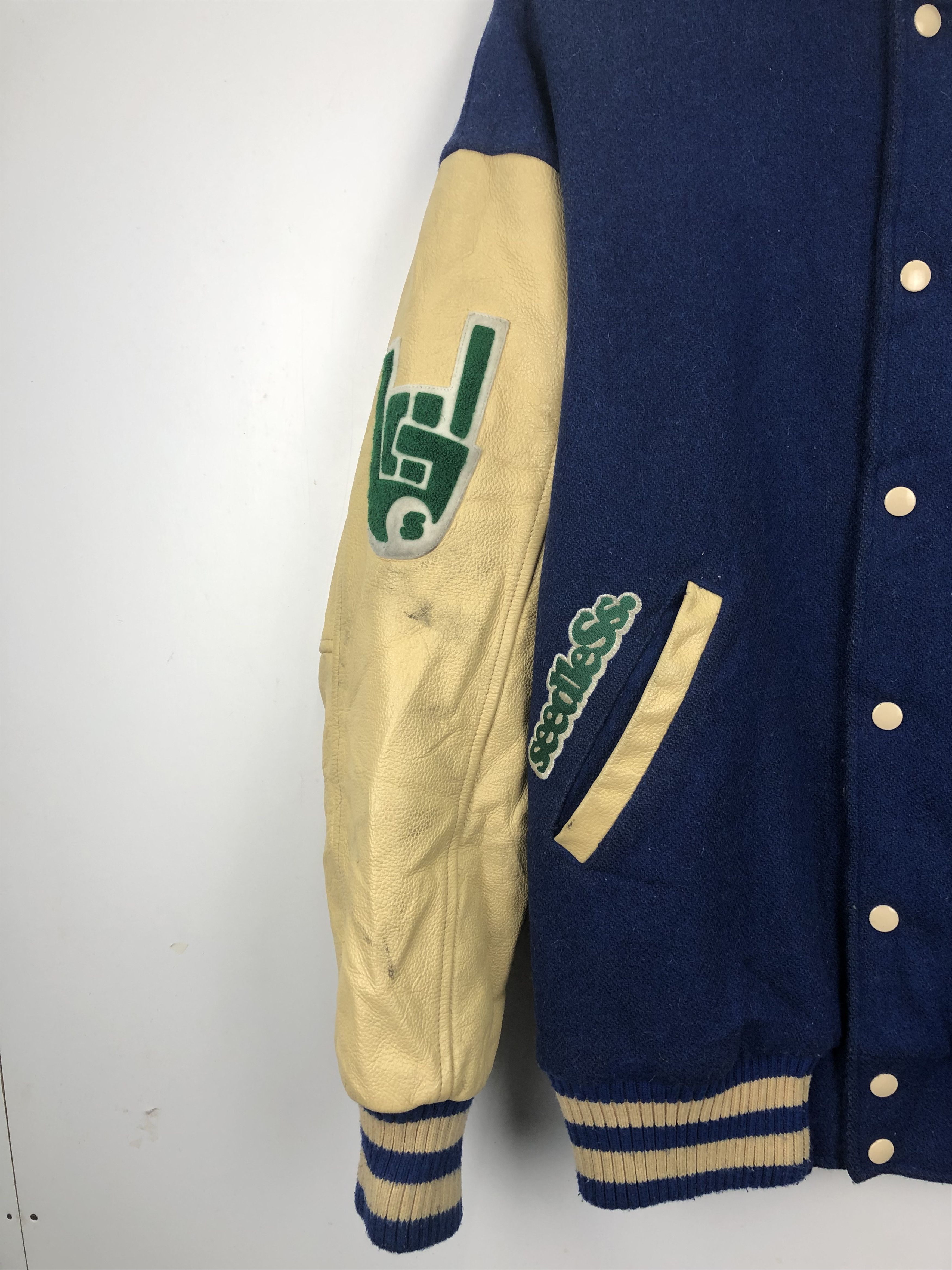 Japanese Brand Vintage 90s Seedless Leather Sleeve Varsity Jacket V0375 Size US M / EU 48-50 / 2 - 8 Thumbnail