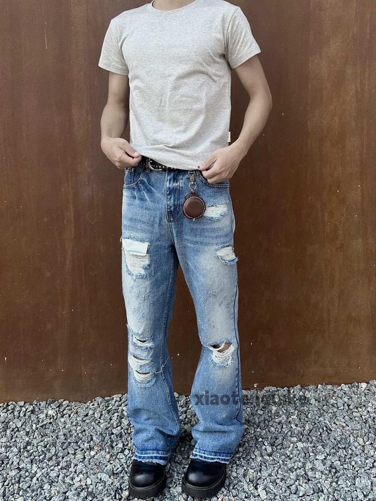 washed faded punk grunge flared damaged ripped jeans