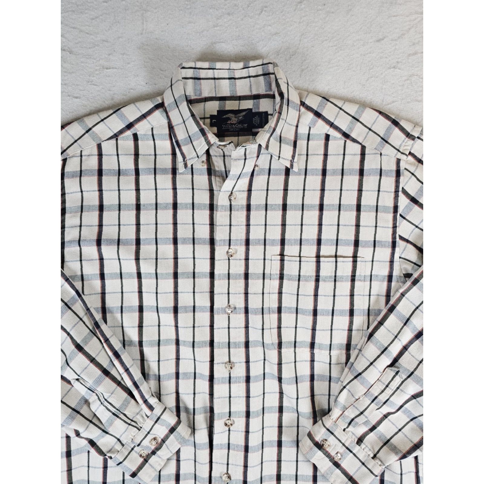 Vintage Willis & Geiger Cream Checkered Long Sleeve Button Up Dress Shirt Men's L Large Size 42R - 2 Thumbnail