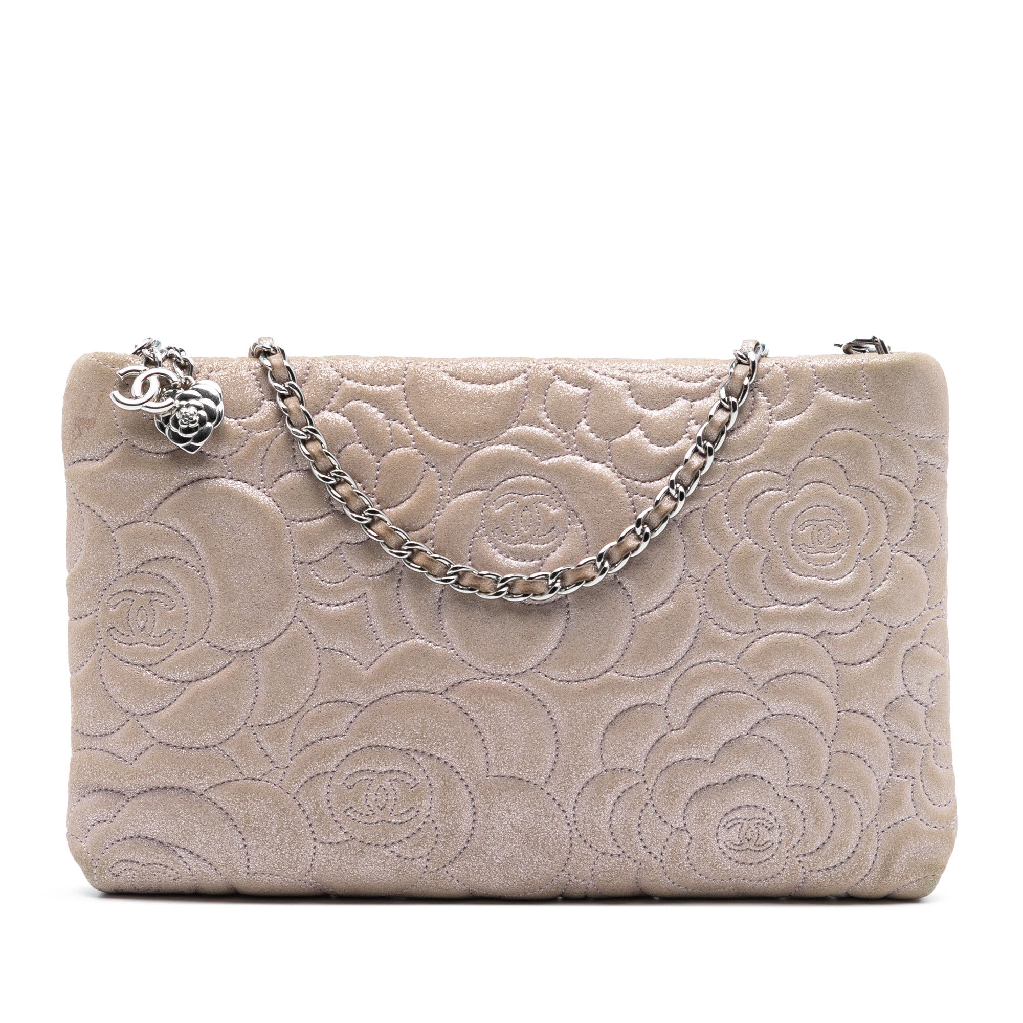 Chanel Embossed Metallic Lambskin Camellia Chain Pochette