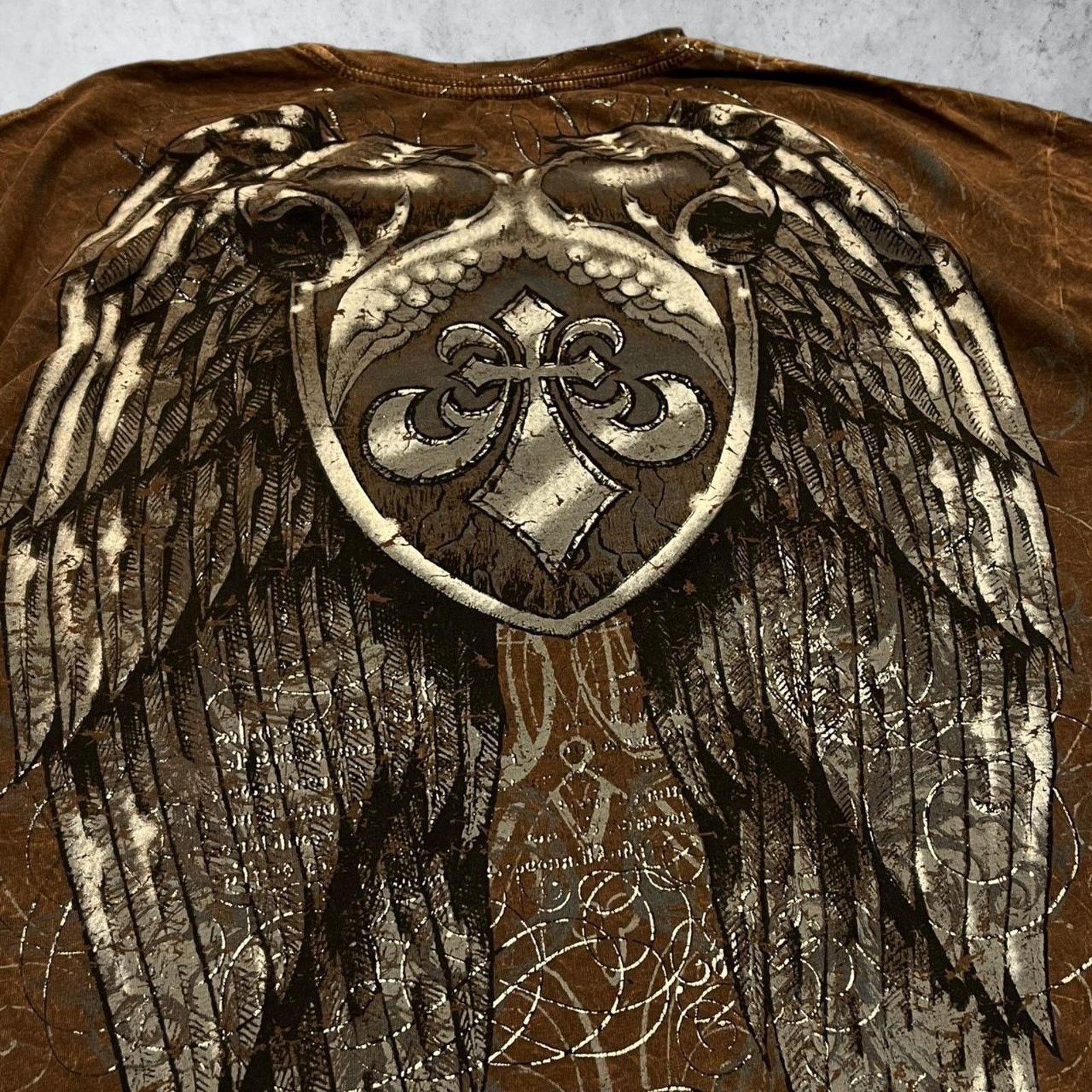 Affliction Affliction Y2K Brown Distressed Wing Graphic Grunge T-Shirt Size US XXL / EU 58 / 5 - 2 Thumbnail