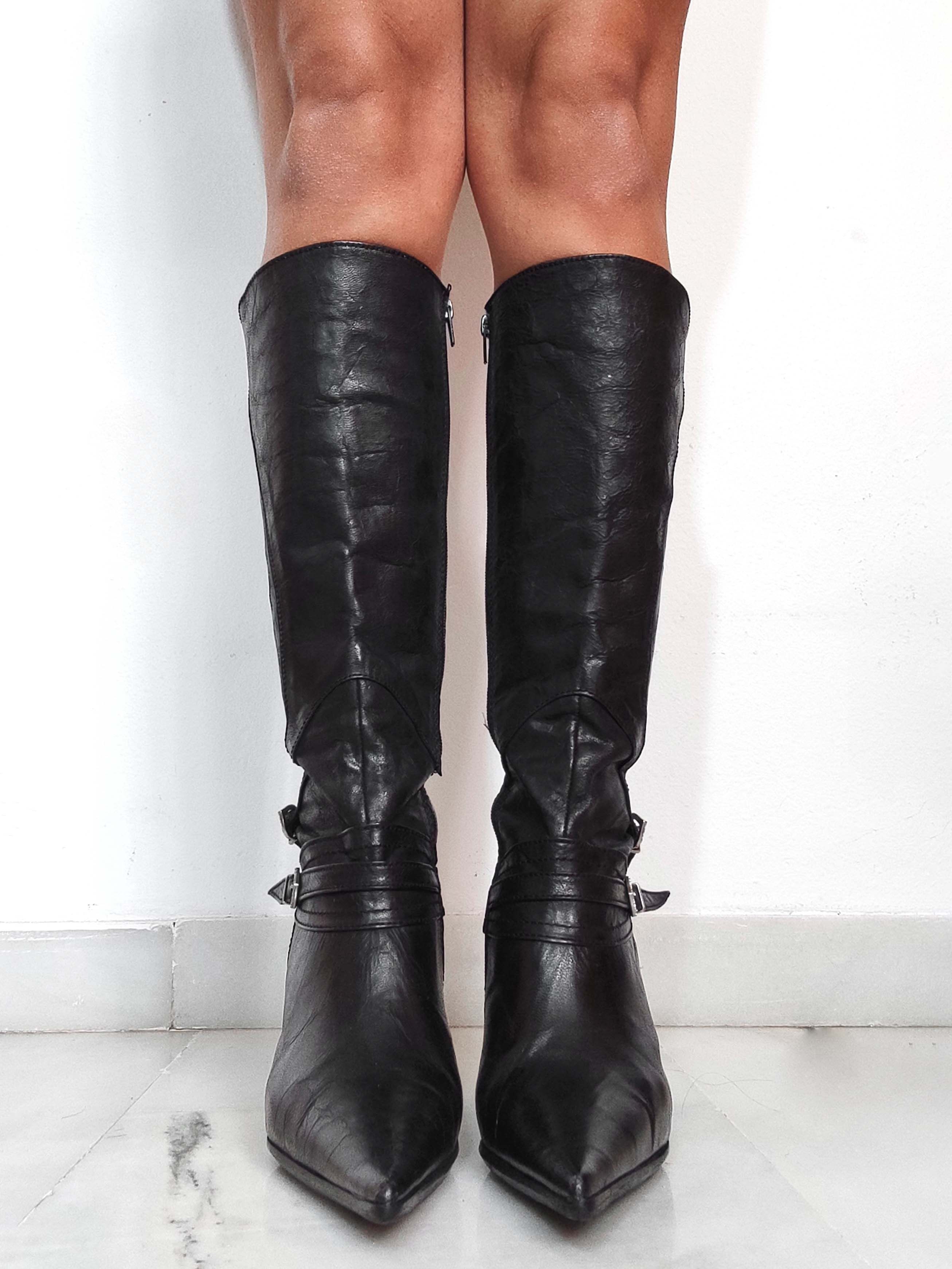 Vintage Vintage Y2k Black Leather Knee High Boots with Buckles Size US 5 / IT 35 - 3 Thumbnail