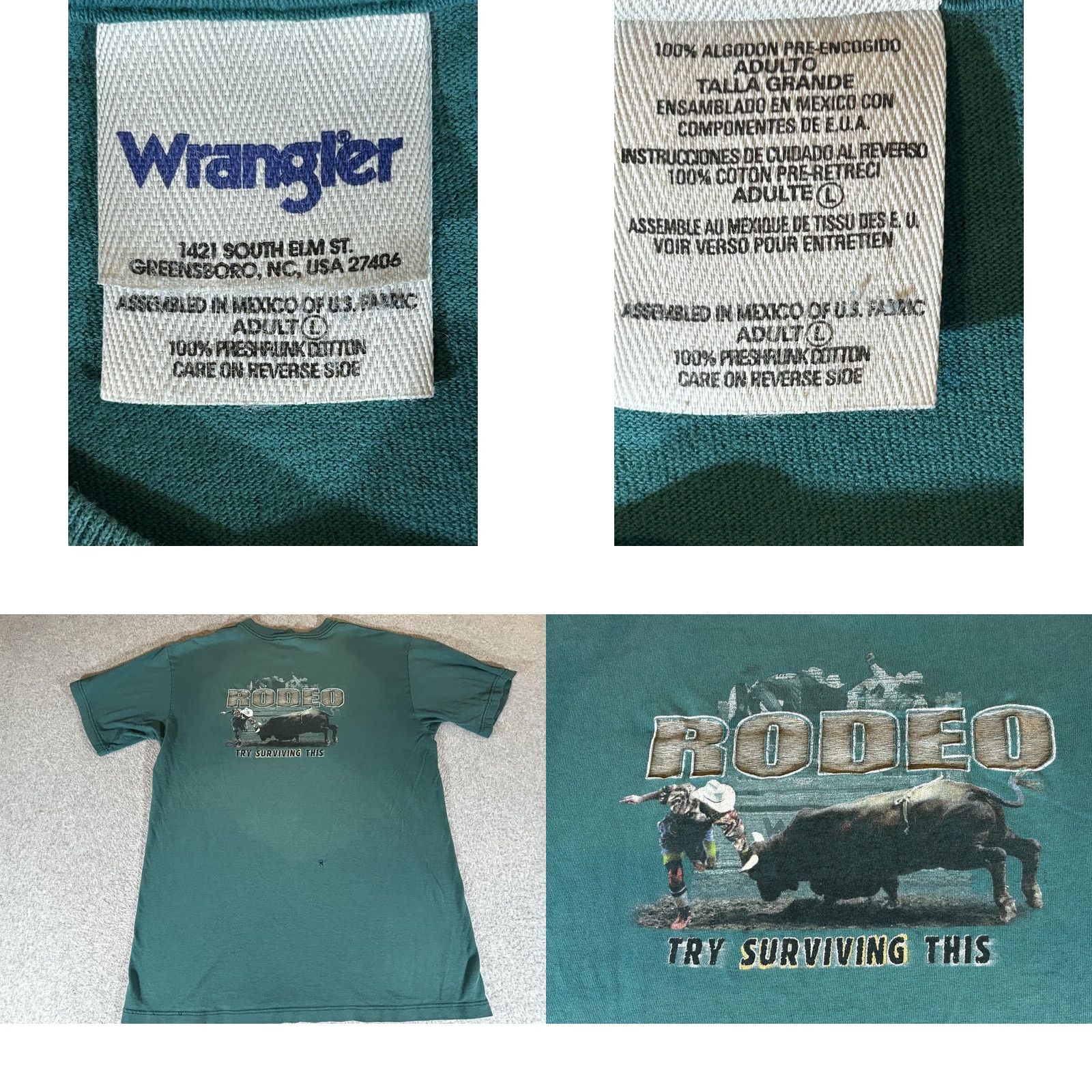 Wrangler VINTAGE Wrangler Western Shirt Mens L Green Rodeo Bull Riding 90s Shirt Mens Large Green Wrangler Logo Rodeo Graphic Print Cowboys Womens Girls Size US L / EU 52-54 / 3 - 8 Thumbnail