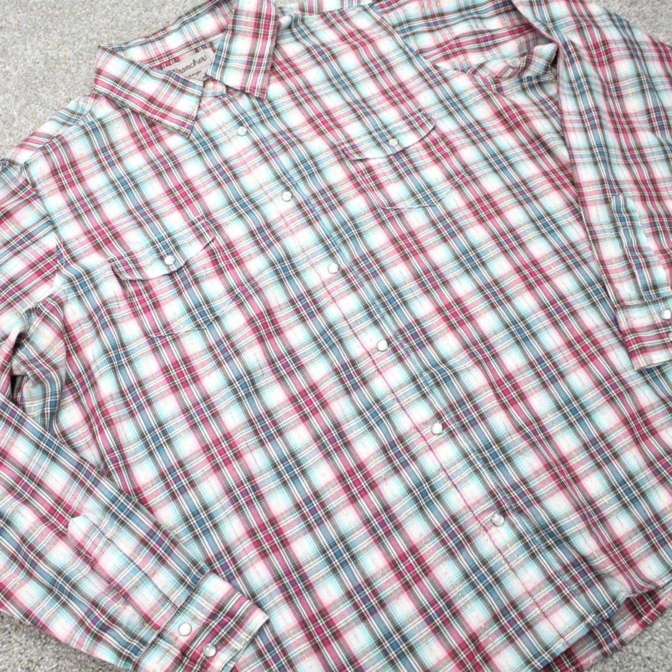 Wrangler Wrangler Wrancher Pearl Snap Shirt Mens 2XL Pink/Blue w/Gold Metallic Strip Size US XXL / EU 58 / 5 - 5 Thumbnail