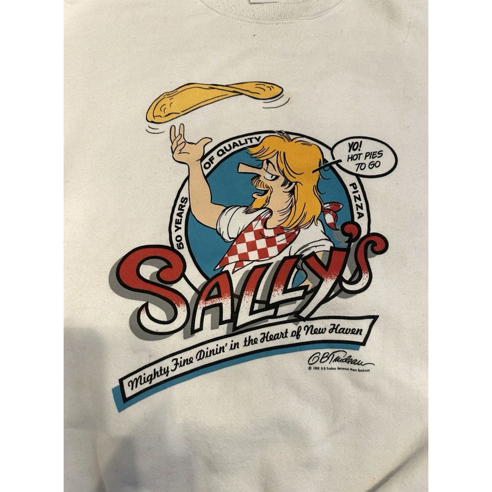 Jerzees VINTAGE Sally’s Apizza Sweatshirt 1988 Original CT 50th Anniversary Fits M White Size US M / EU 48-50 / 2 - 2 Thumbnail