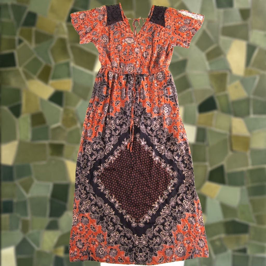 Vintage Maurices Rayon Orange Floral V-Neck Short Sleeve Empire Waist Long Maxi Dress L Size 36" / US 14 / IT 50 - 1 Thumbnail