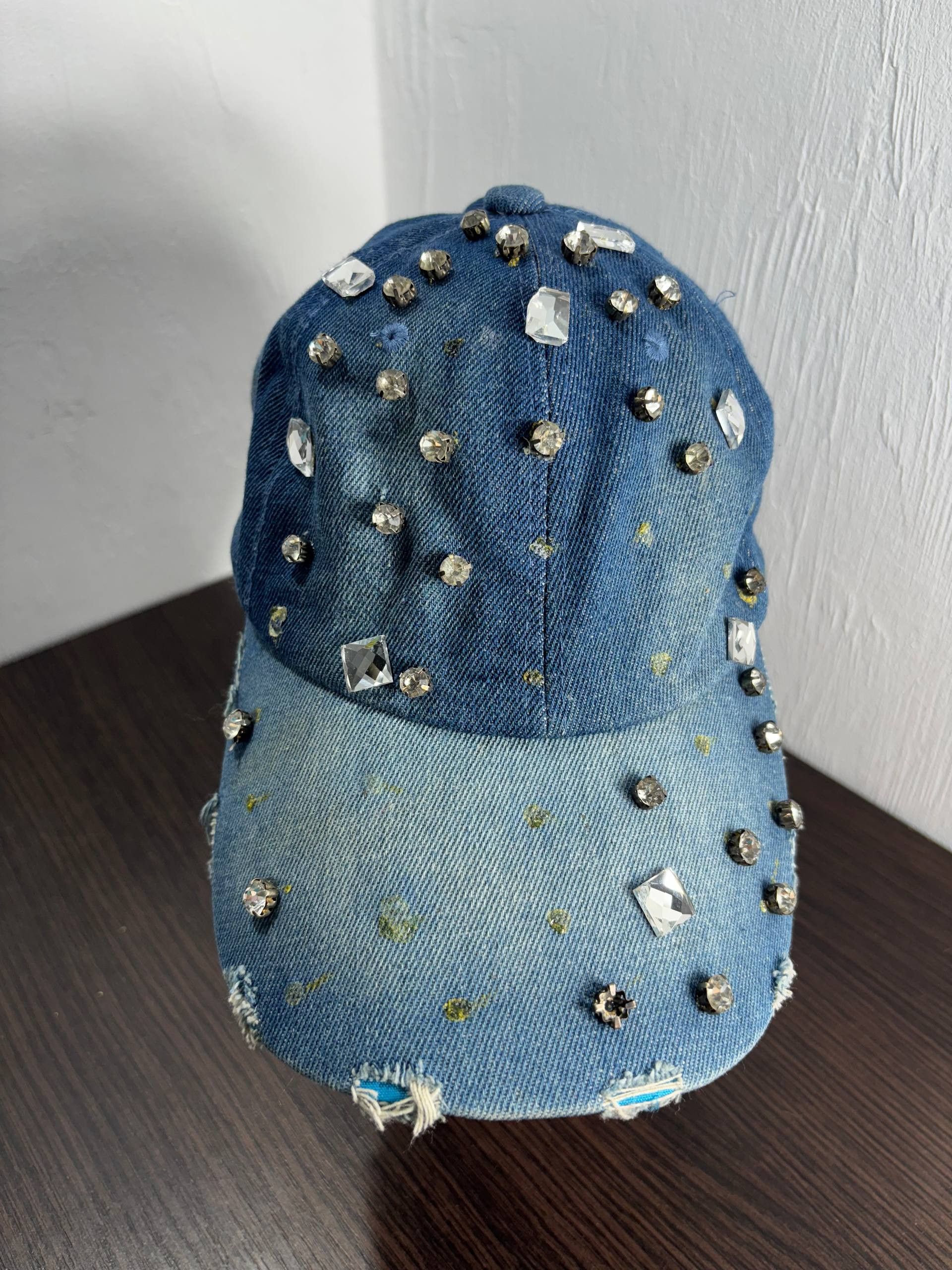 Japanese Brand VTG Rhinestone IfSixWasNine style Distressed Denim Cap Hat Size ONE SIZE - 4 Thumbnail