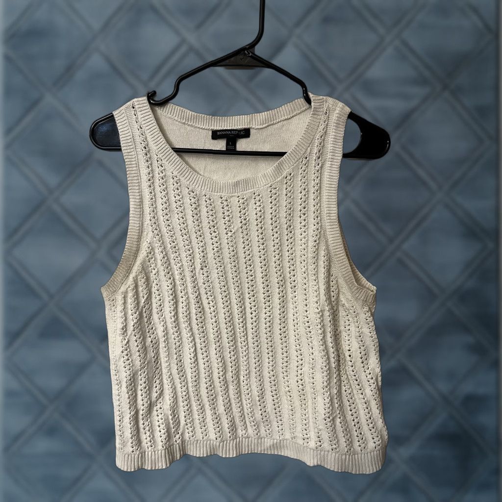 Banana Republic Banana Republic Sweater Sleeveless Open Knit Crew Neck Large White Womens Size L / US 10 / IT 46 - 1 Thumbnail