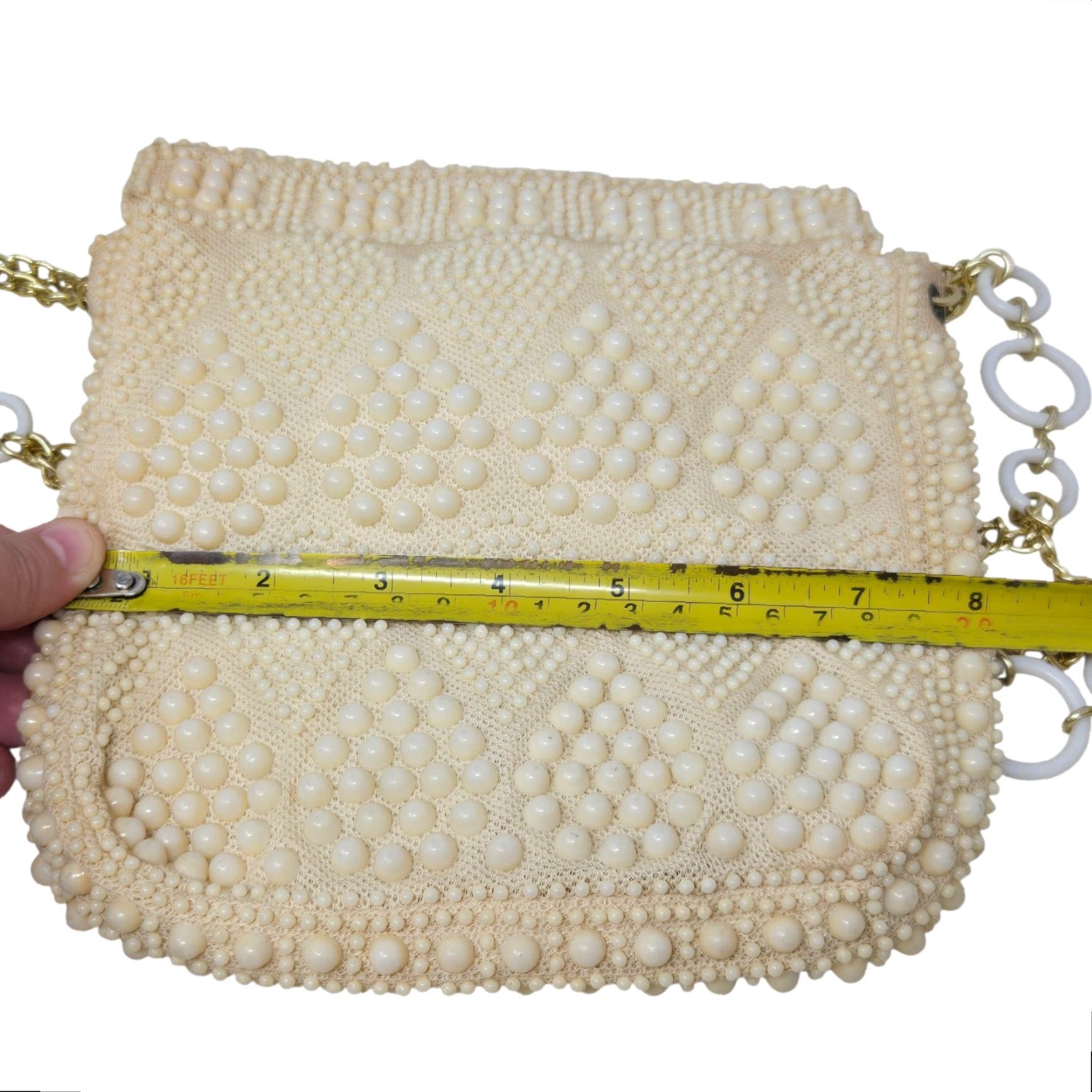 Vintage VINTAGE Beaded Ivory Purse Handbag Gold Chain Evening Bag Wedding Hong Kong Womens Size ONE SIZE - 6 Thumbnail
