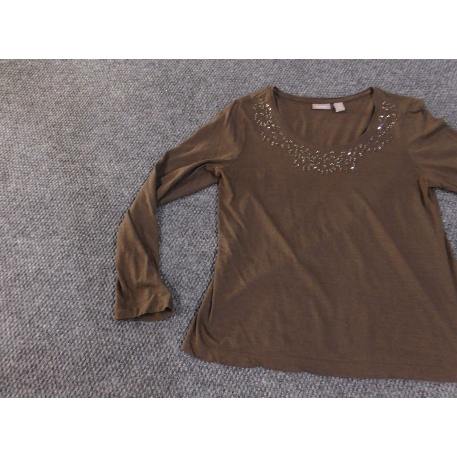 Vintage Chico's Shirt Womens Medium Brown Embellished Scoop Neck Long Sleeve Casual Size M / US 6-8 / IT 42-44 - 3 Thumbnail