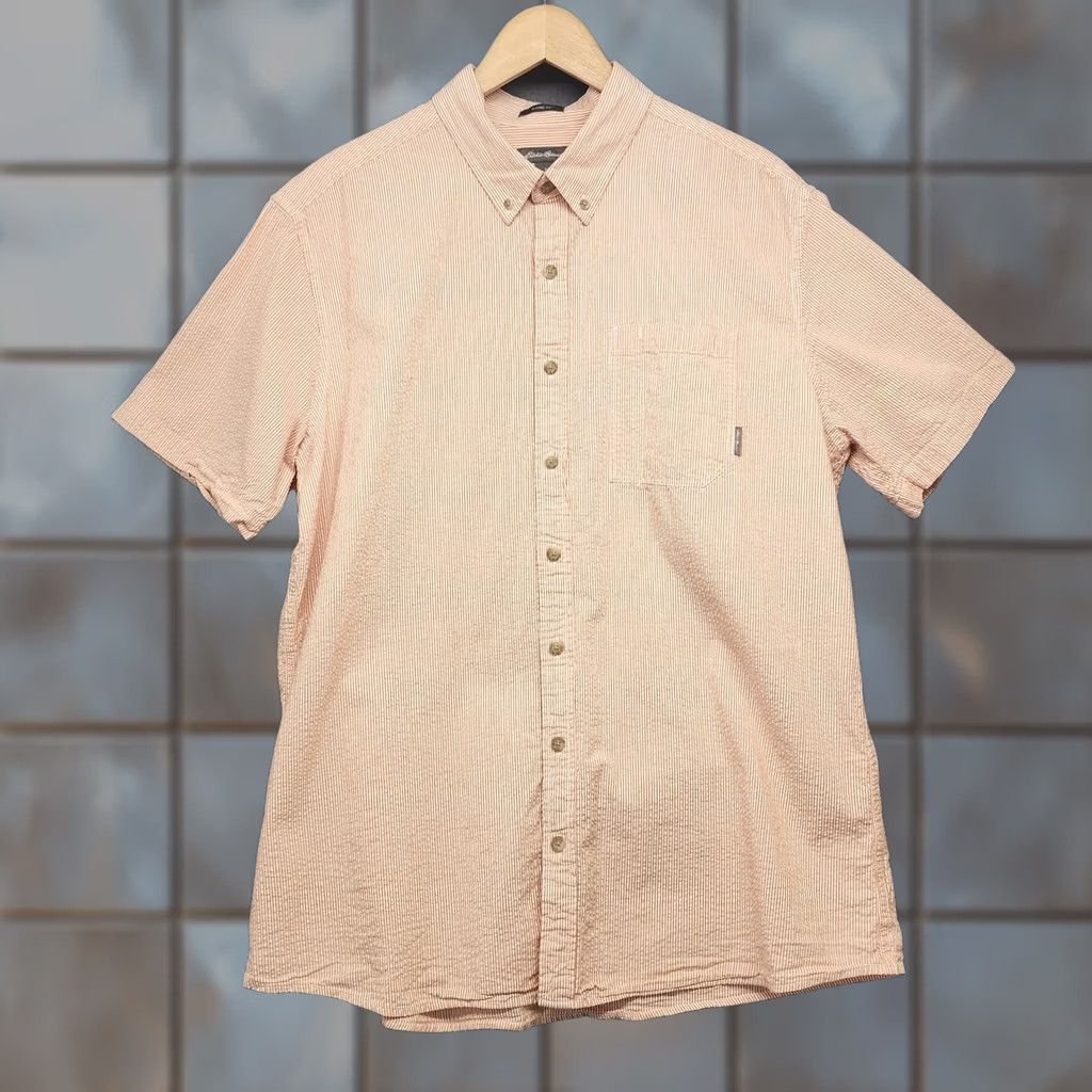 Eddie Bauer Eddie Bauer Shirt Men TXL Tall XL Seersucker Orange White Short Sleeve Button Up Size US XL / EU 56 / 4 - 1 Thumbnail