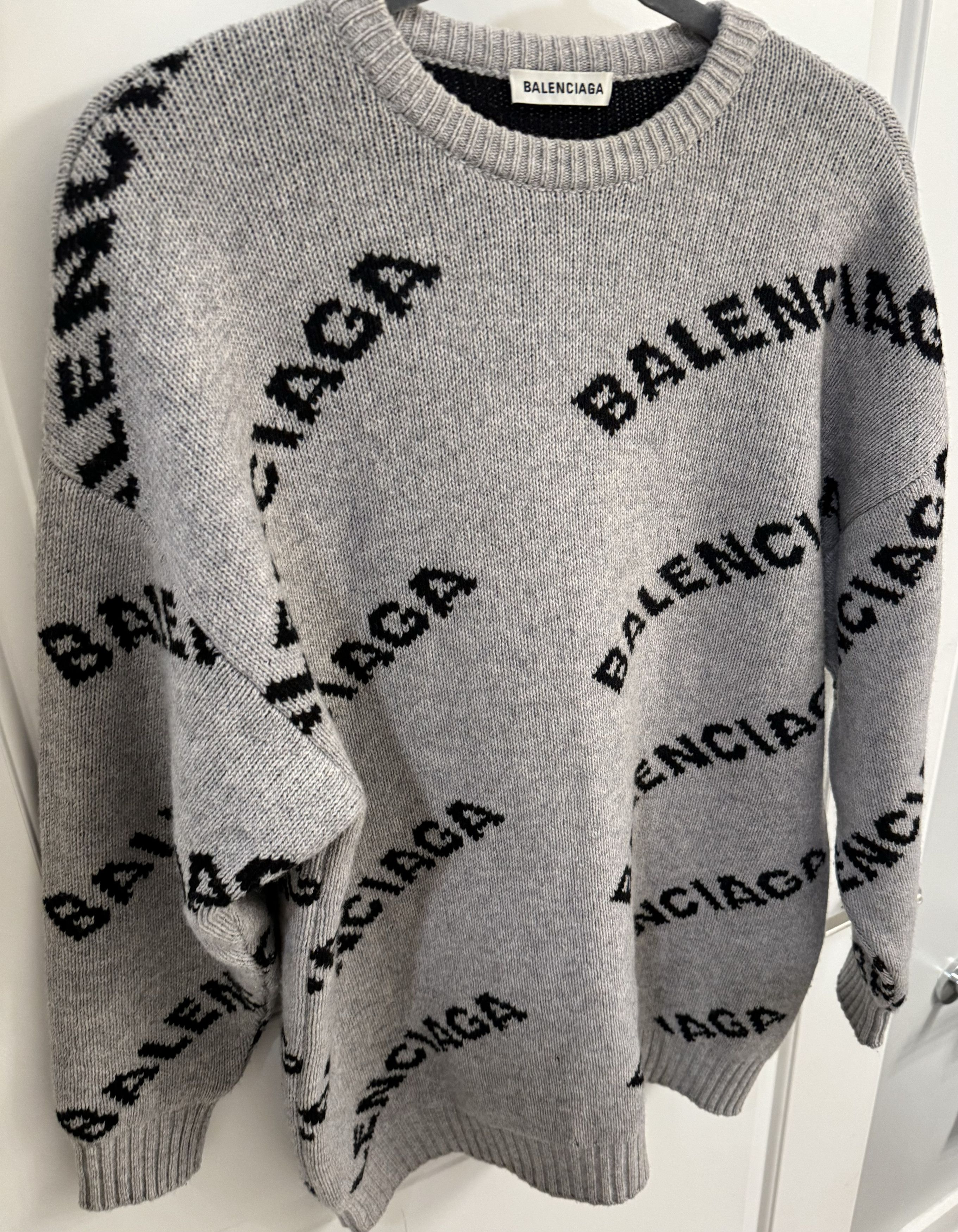 Image of Balenciaga Gray Wool Long Crewneck Sweater in Black Gray, Women's (Size XS)