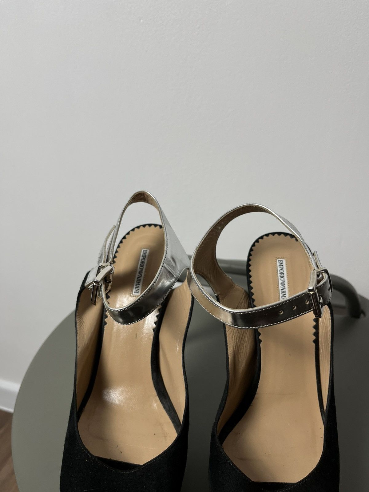 Emporio Armani Emporio Armani Black Suede Peep Toe Heels with Silver Straps Size US 6 / IT 36 - 3 Thumbnail