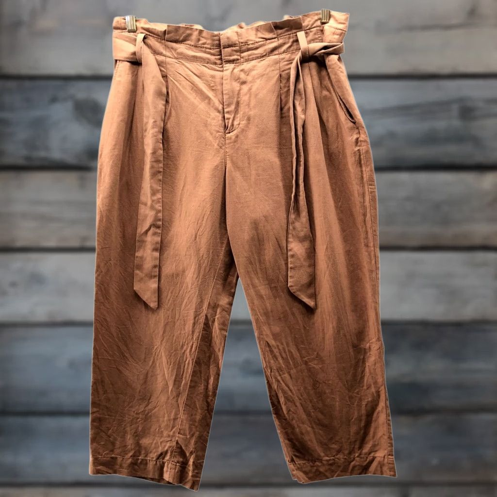 Loft VINTAGE Vogue? Loft Cotton Linen Tie Waist Pants Womens 12P Tan Brown Pleated Front Cropped Size 34" / US 12 / IT 48 - 1 Thumbnail