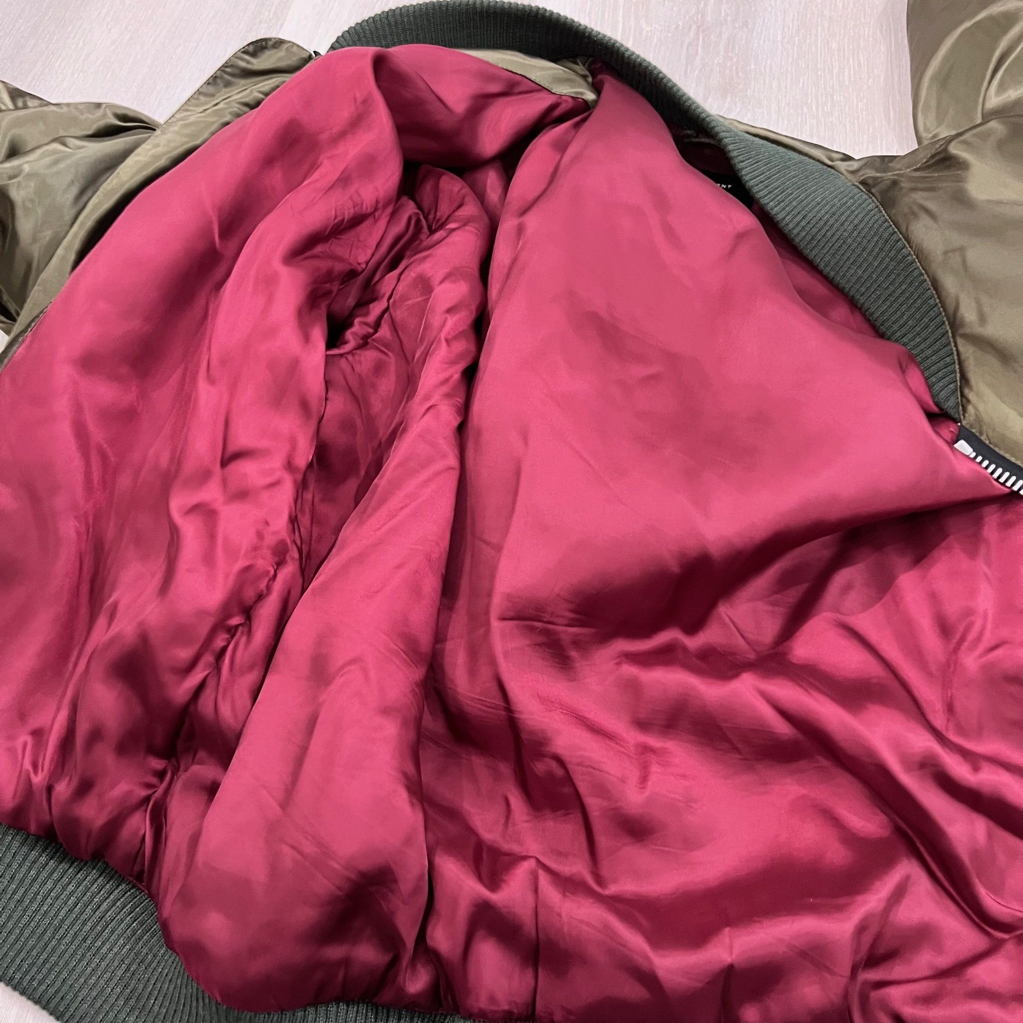 Represent Puffy Satin Olive Bomber Jacket