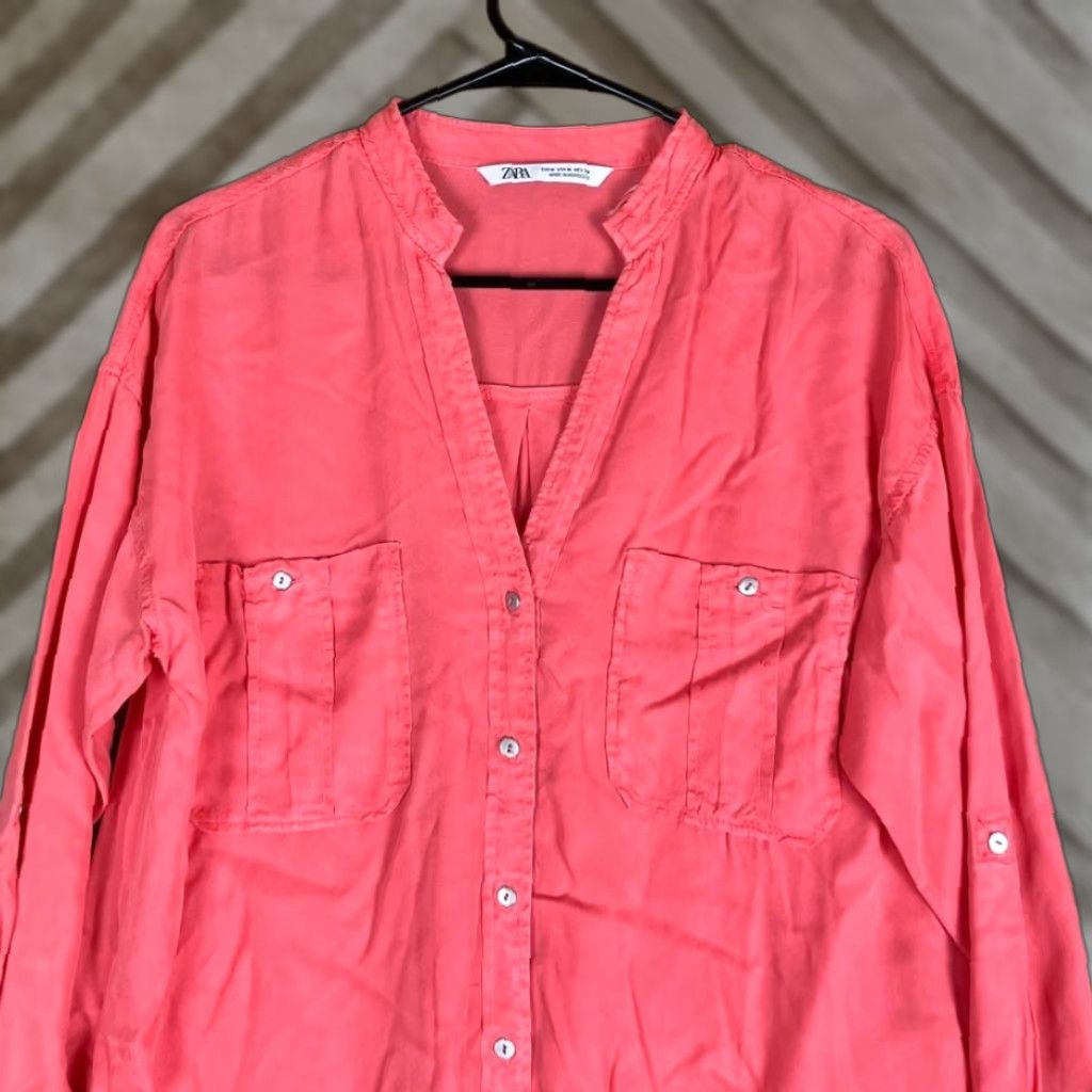 Zara Zara Womens Blouse V Neck Button-Down Long Sleeve M Coral Utility Shirt Womens Medium Coral V-Neck Button-Down Long Sleeve Blouse Size M / US 6-8 / IT 42-44 - 1 Thumbnail