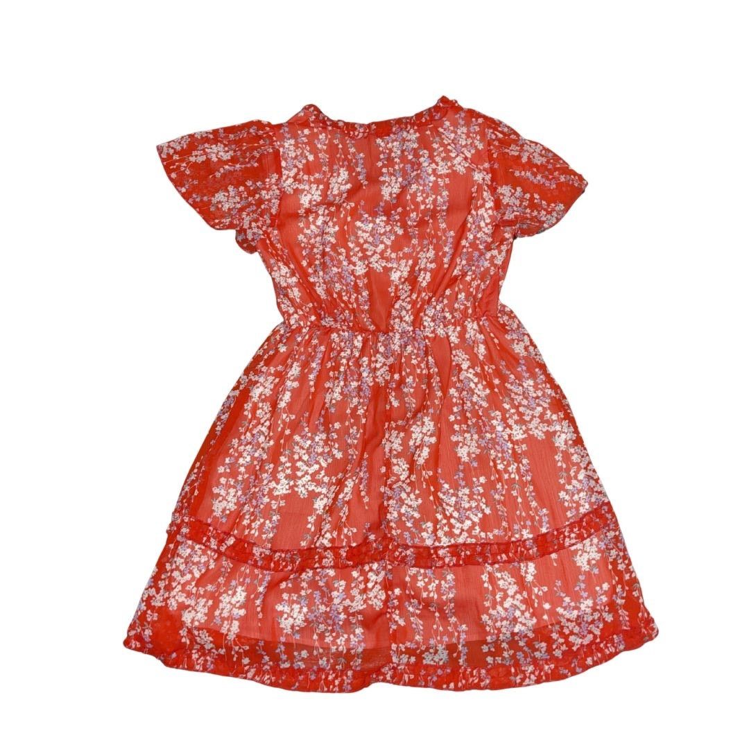 Shein Red Floral Print V-Neck Tiered Dress Fluttered Sleeves flirt Size S / US 4 / IT 40 - 2 Thumbnail