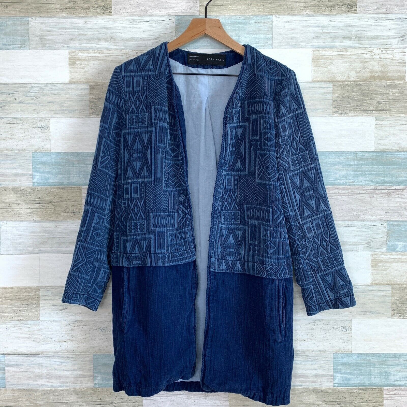 Zara Zara Aztec Jacquard Duster Jacket Blue Textured Cotton Linen Size S / US 4 / IT 40 - 2 Thumbnail