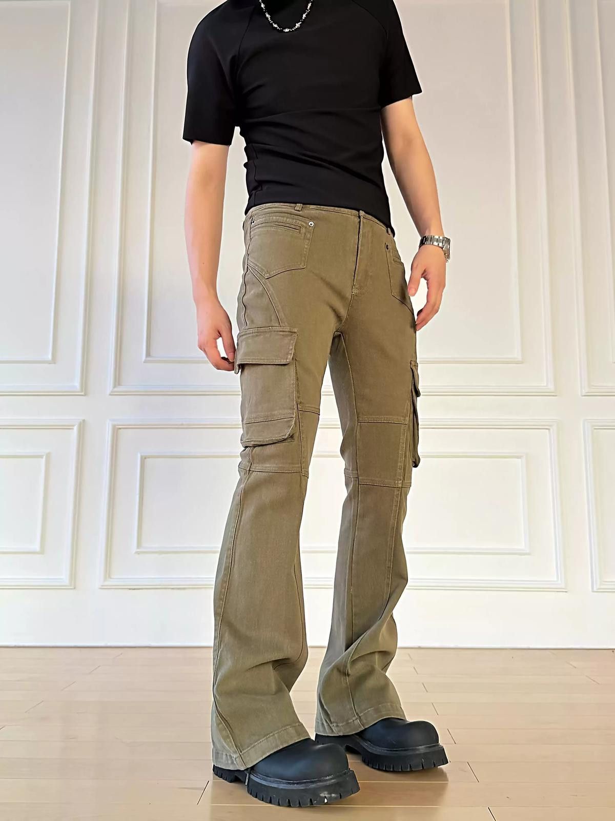 Vintage Khaki Flared Cargo Pants, Men's Utility Trousers Size US 32 / EU 48 - 2 Thumbnail