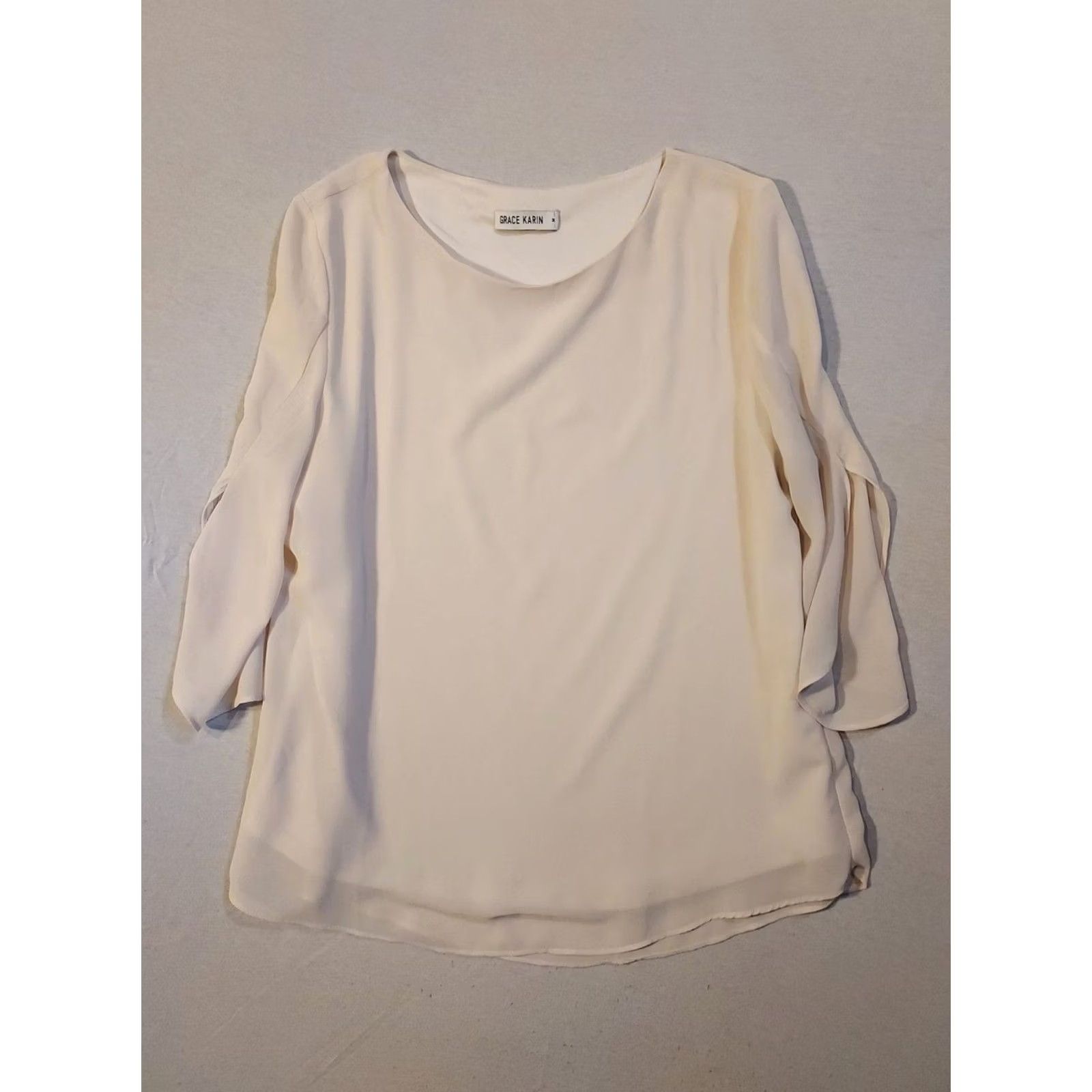 Vintage Grace Karin Blouse Women M Beige Solid Chiffon 3/4 Ruffle Size M / US 6-8 / IT 42-44 - 6 Thumbnail