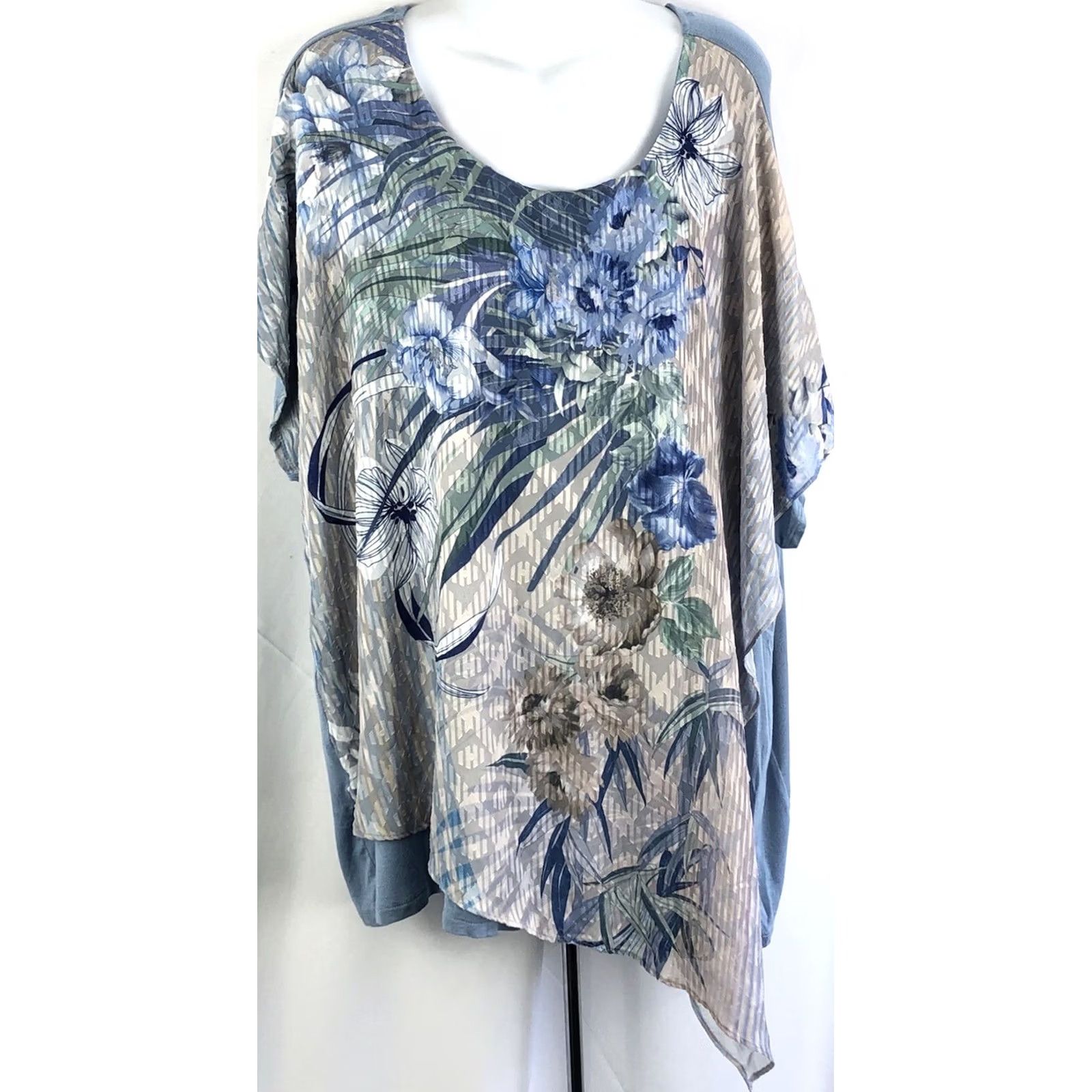 Vintage Catherines Blouse blue floral chiffon overlay scoop neck 2X Plus Womens Boho Casual Shirt Size XXL / US 16-18 / IT 52-54 - 5 Thumbnail