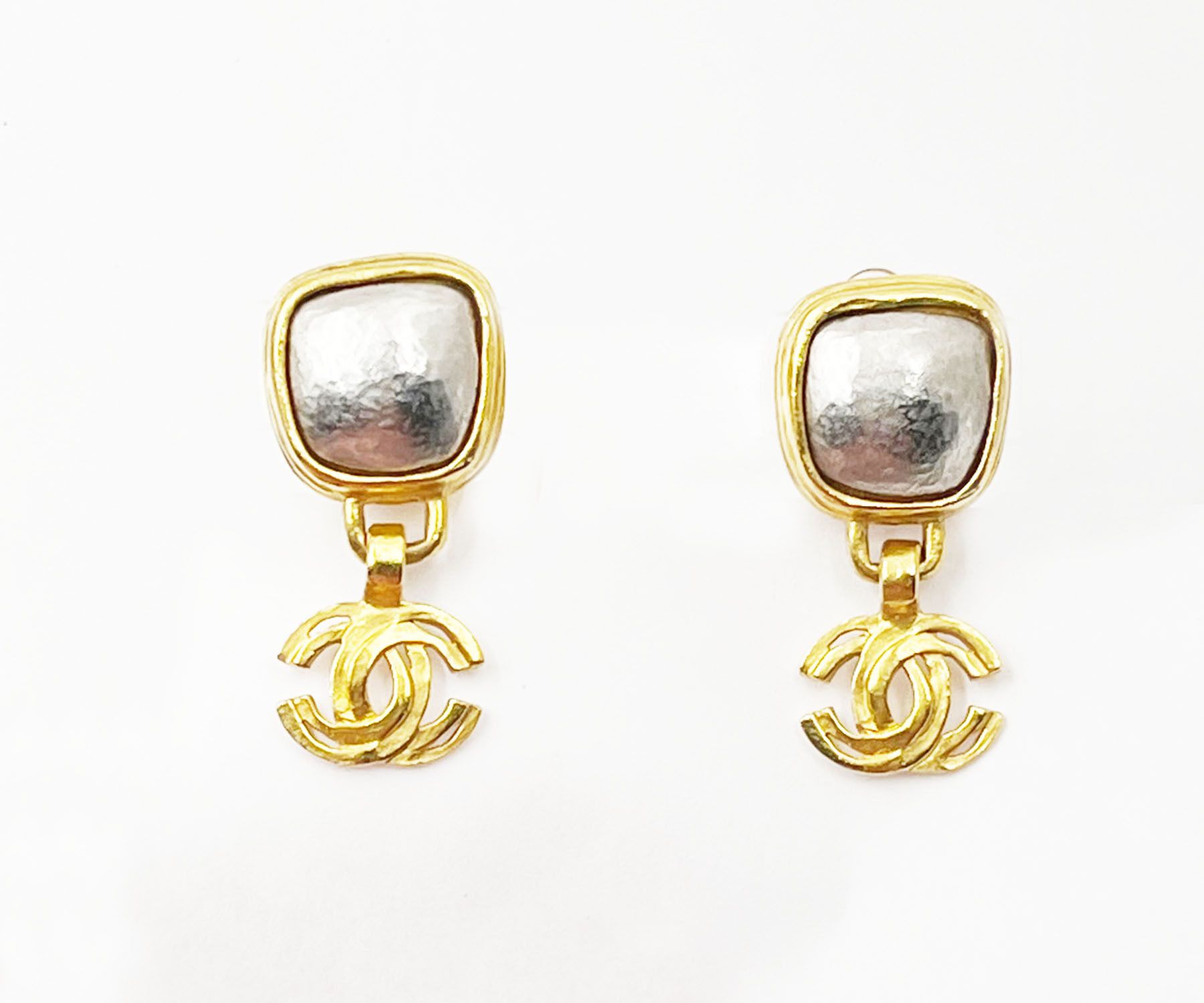Chanel Gold Plated Square Silver Stone CC Clip on Earrings