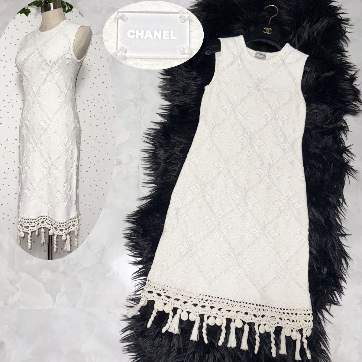 Genuine Chanel matelassé crochet decoration knit dress 36