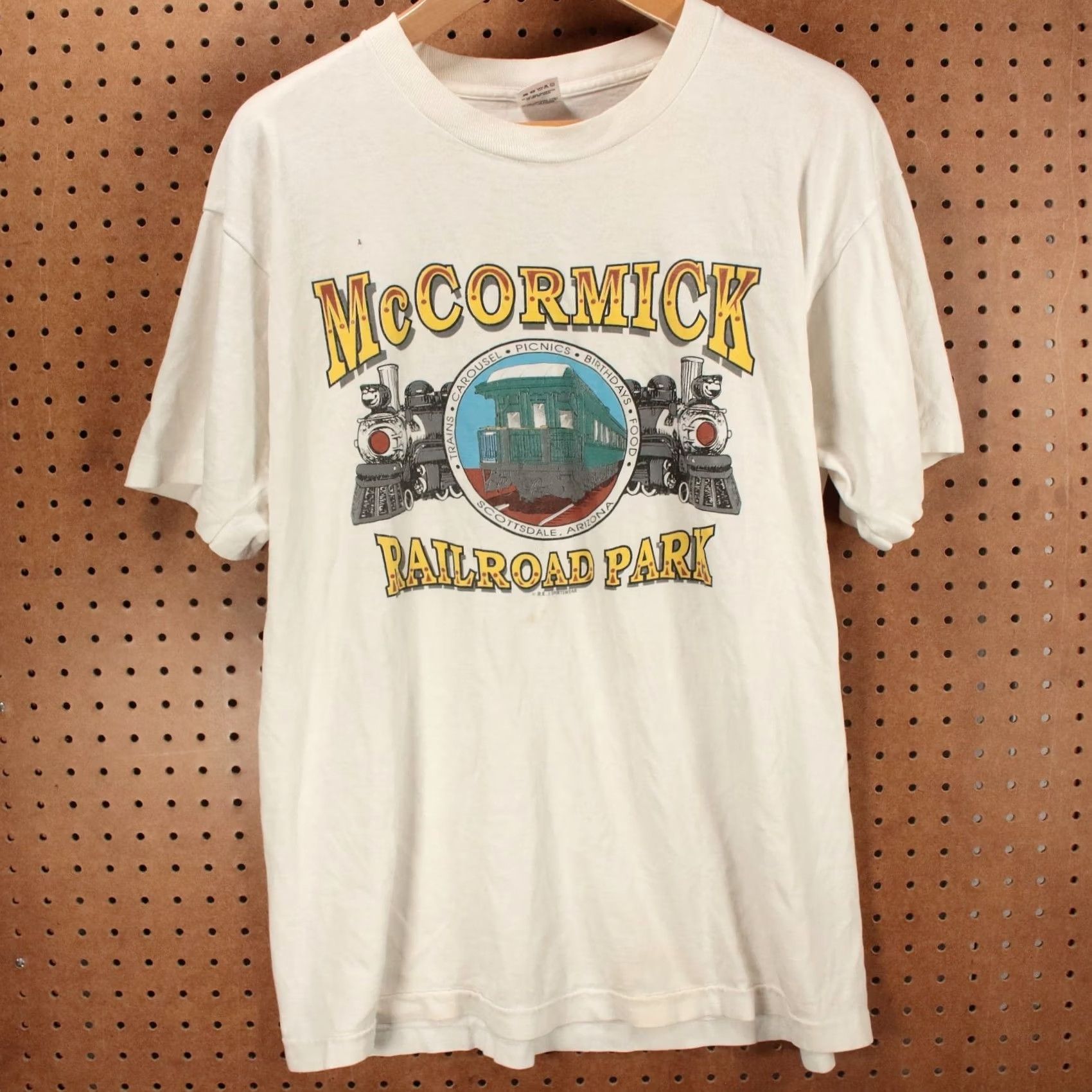 Fruit Of The Loom VINTAGE McCormick Railroad Park Arizona Trains T-Shirt XL White Unisex Adults Cotton Short Sleeve Crew Neck USA 80s 90s Graphic Print Size US XL / EU 56 / 4 - 4 Thumbnail