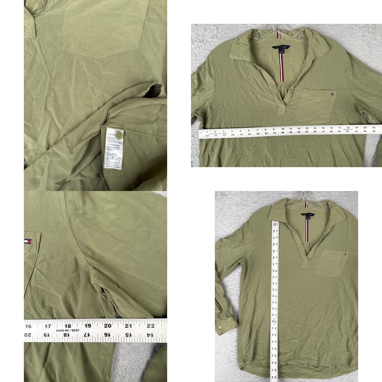 Tommy Hilfiger Tommy Hilfiger Shirt Women M Green Long Sleeve V-Neck 100% Viscose Pocket Collared Button-Up Slim Pattern Solid All Seasons Easy Care Size M / US 6-8 / IT 42-44 - 8 Thumbnail